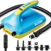 A compact, portable electric paddle board pump with a blue and yellow color scheme, including various inflation nozzles.