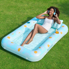 Inflatable Tanning Pool Lounger Float for Adults, 70" x 46" Blue Daisy, 2025 Designer Series