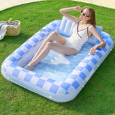 Inflatable Tanning Pool Lounger Float for Adults, 70" x 46" Blue Checker, 2025 Designer Series