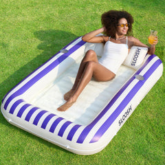 Inflatable Tanning Pool Lounger Float for Adults, 70" x 46" Navyblue Stripe