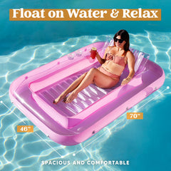 Inflatable Tanning Pool Lounger Float,  70" x 46", White Pink-L