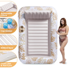 SLOOSH Inflatable Tanning Pool Lounger Float for Adults, 70" x 46" Gold White  L