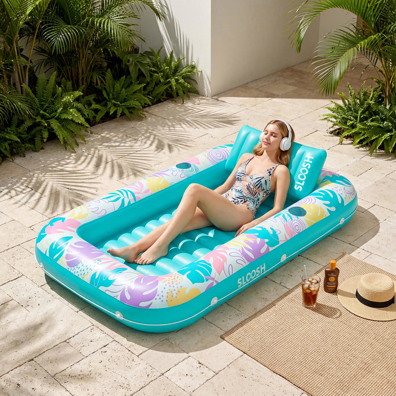 SLOOSH Tropical Leaves Inflatable Tanning Pool, Tropical Blue, 70