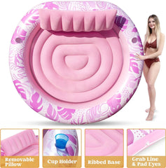 Inflatable Pool Float Lounge Round Suntan Tub Floatie for Adults, 72" x 65" Pink