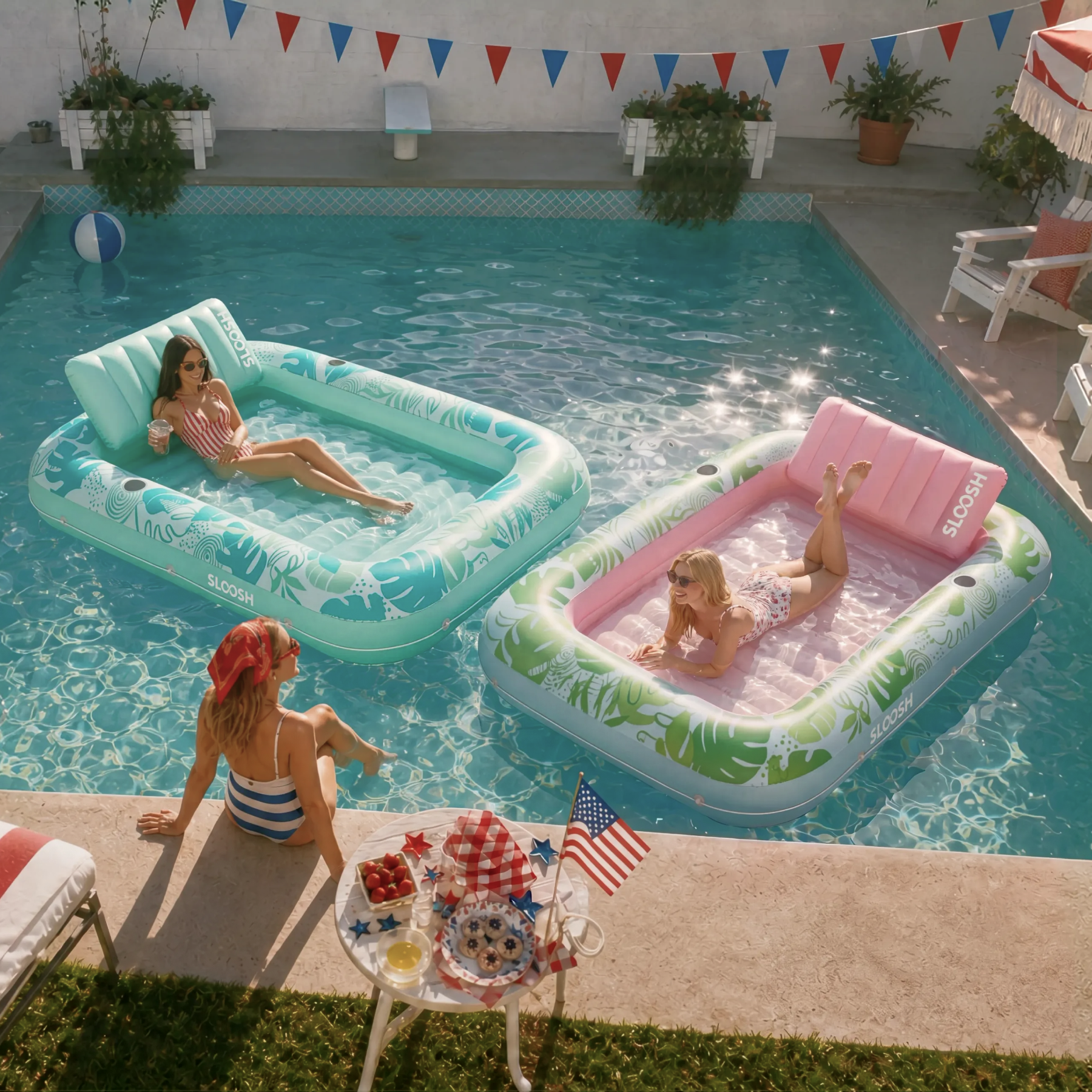 Two women relaxing on SLOOSH inflatable tanning pool during a 4th of July backyard swimming pool party.