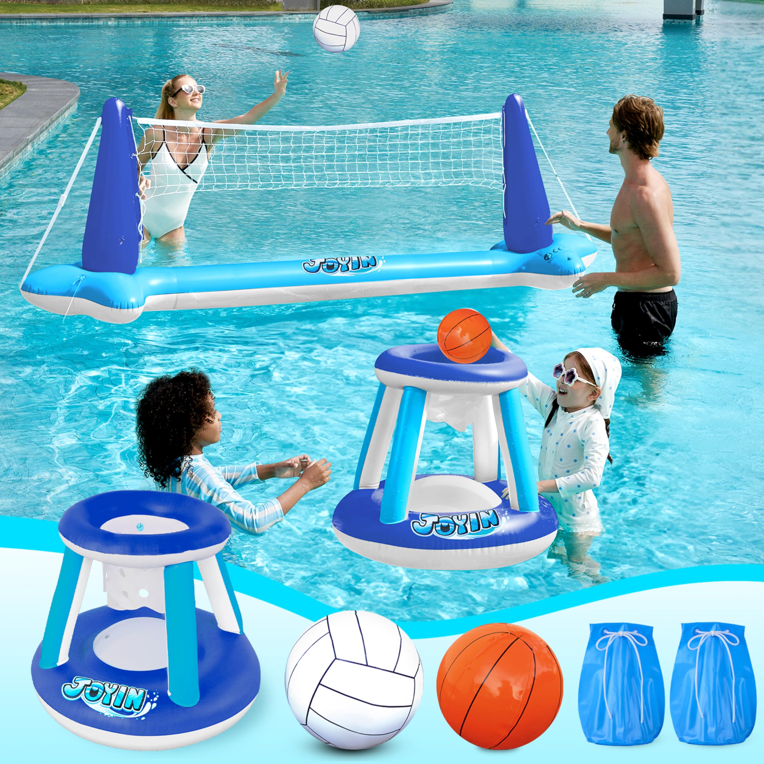 Inflatable Volleyball Net & Basketball Hoops Pool Float Set