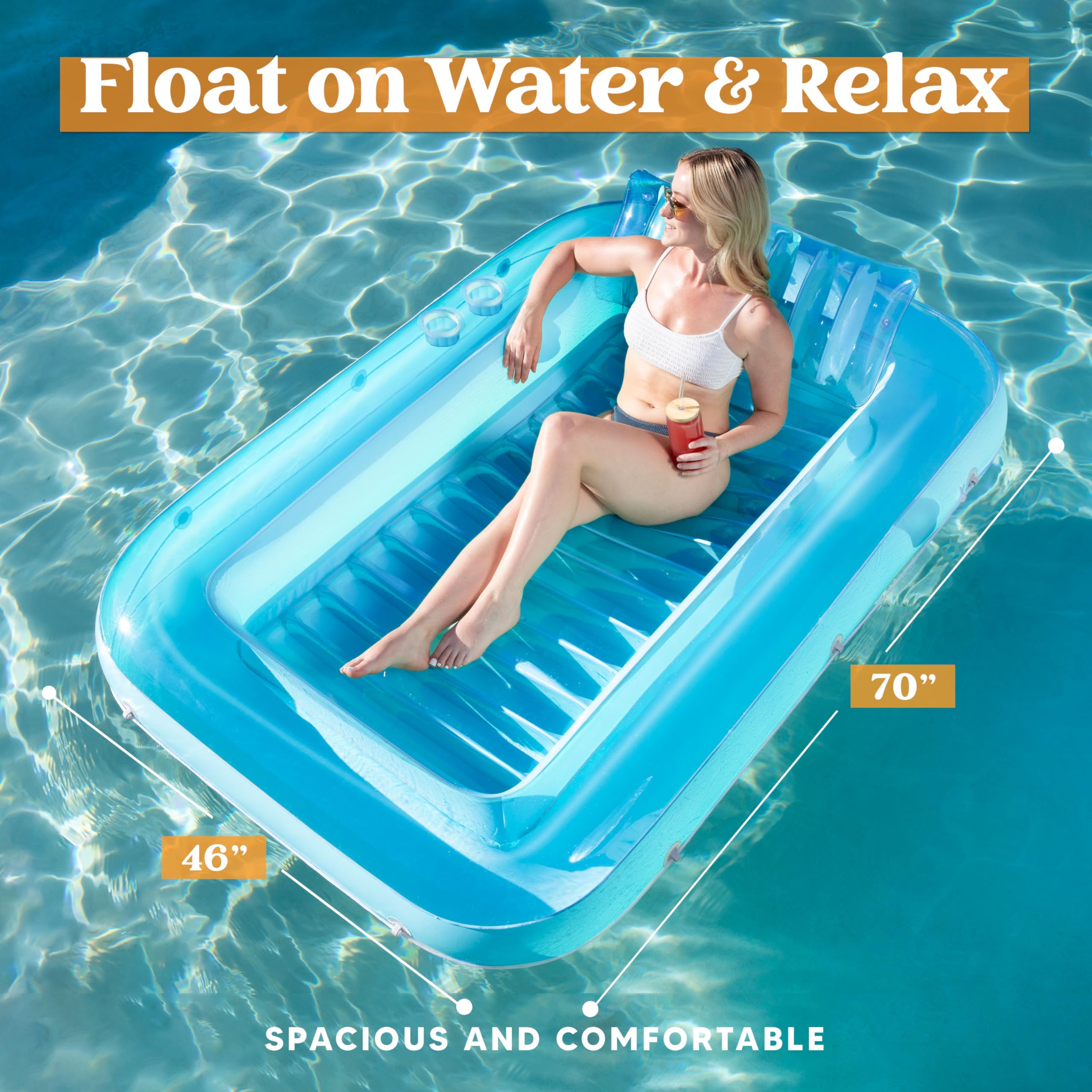 SLOOSH Inflatable Tanning Pool Lounger Float,  70" x 46", Blue-L