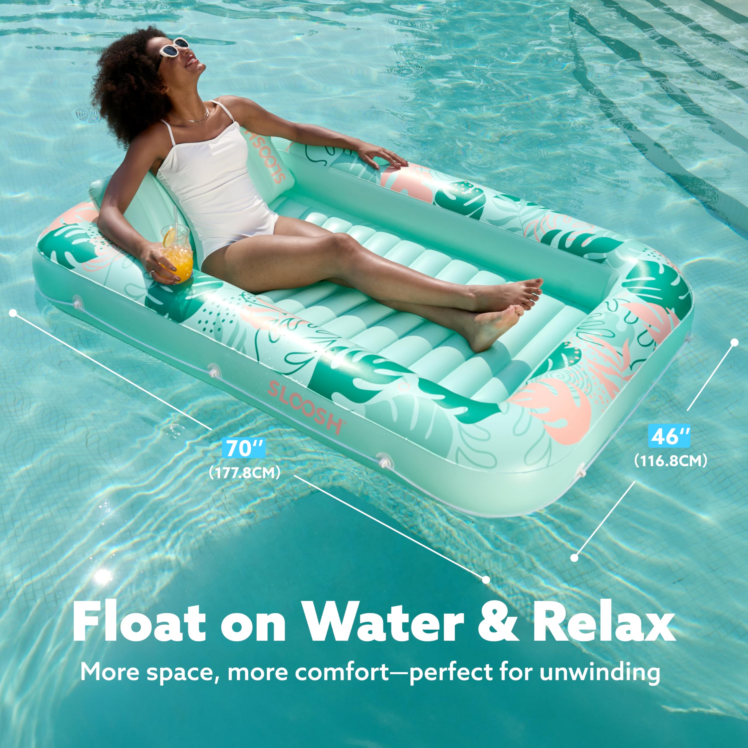 SLOOSH Inflatable Tanning Pool Lounger Float for Adults, Aqua Blue-L