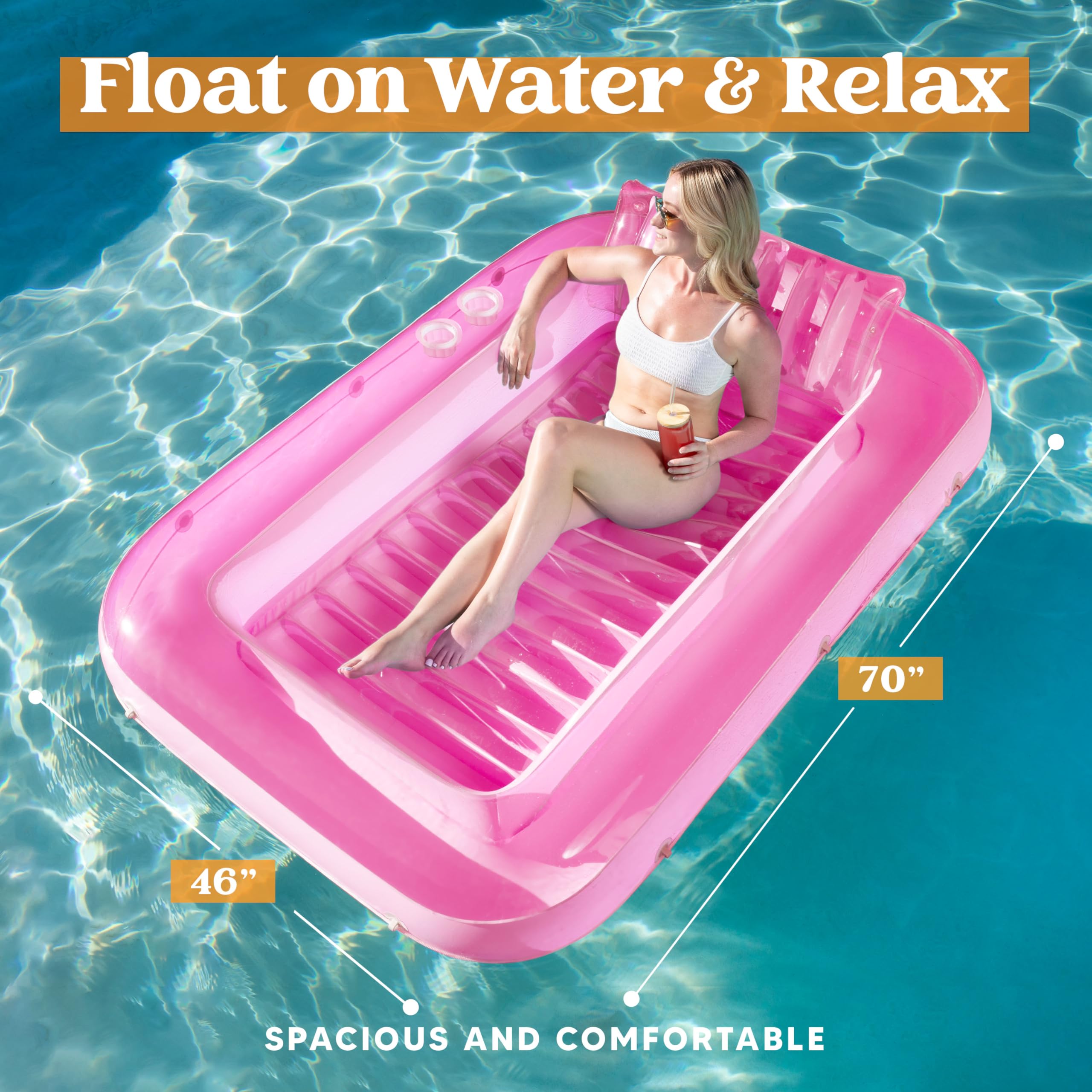 SLOOSH Inflatable Tanning Pool Lounger Float,  70" x 46", Pink-L