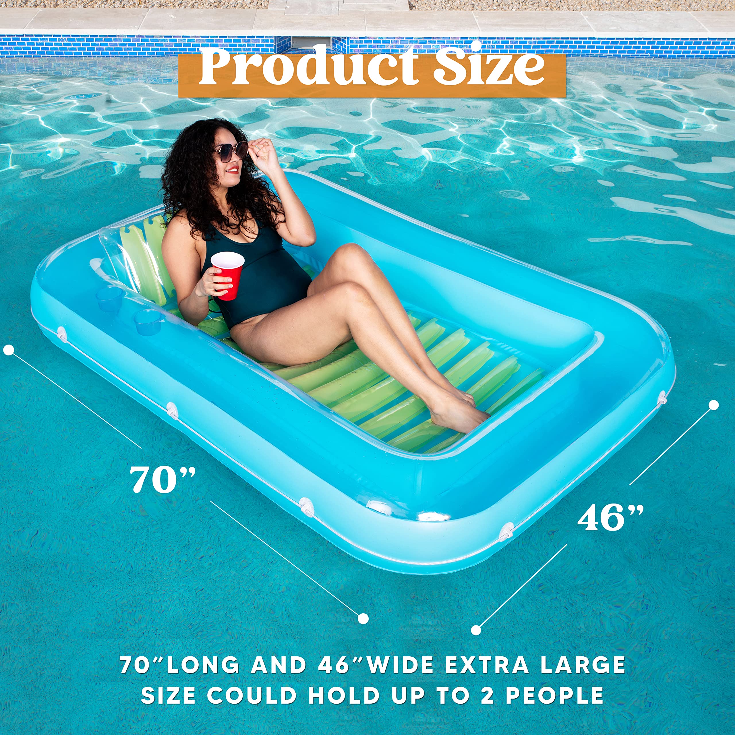SLOOSH Inflatable Tanning Pool Lounger Float,  70" x 46", Blue Green-L