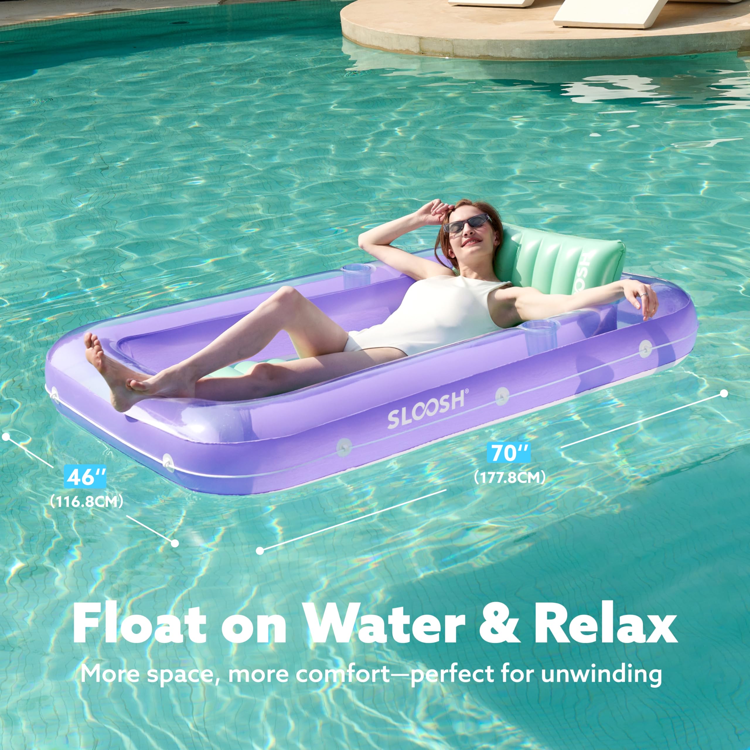 SLOOSH Inflatable Tanning Pool Lounger Float,  70" x 46", Purple Green-L