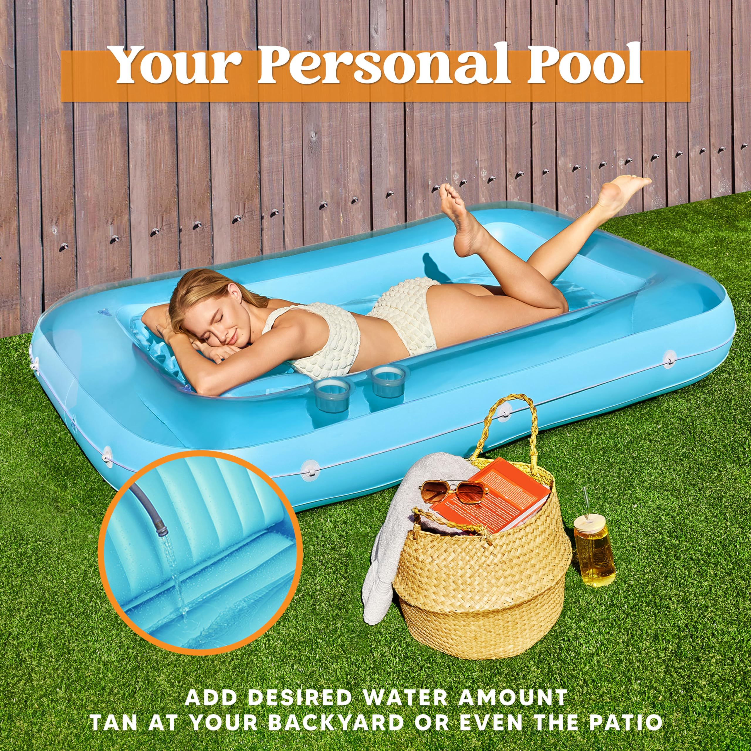 SLOOSH Inflatable Tanning Pool Lounger Float,  70" x 46", Blue-L