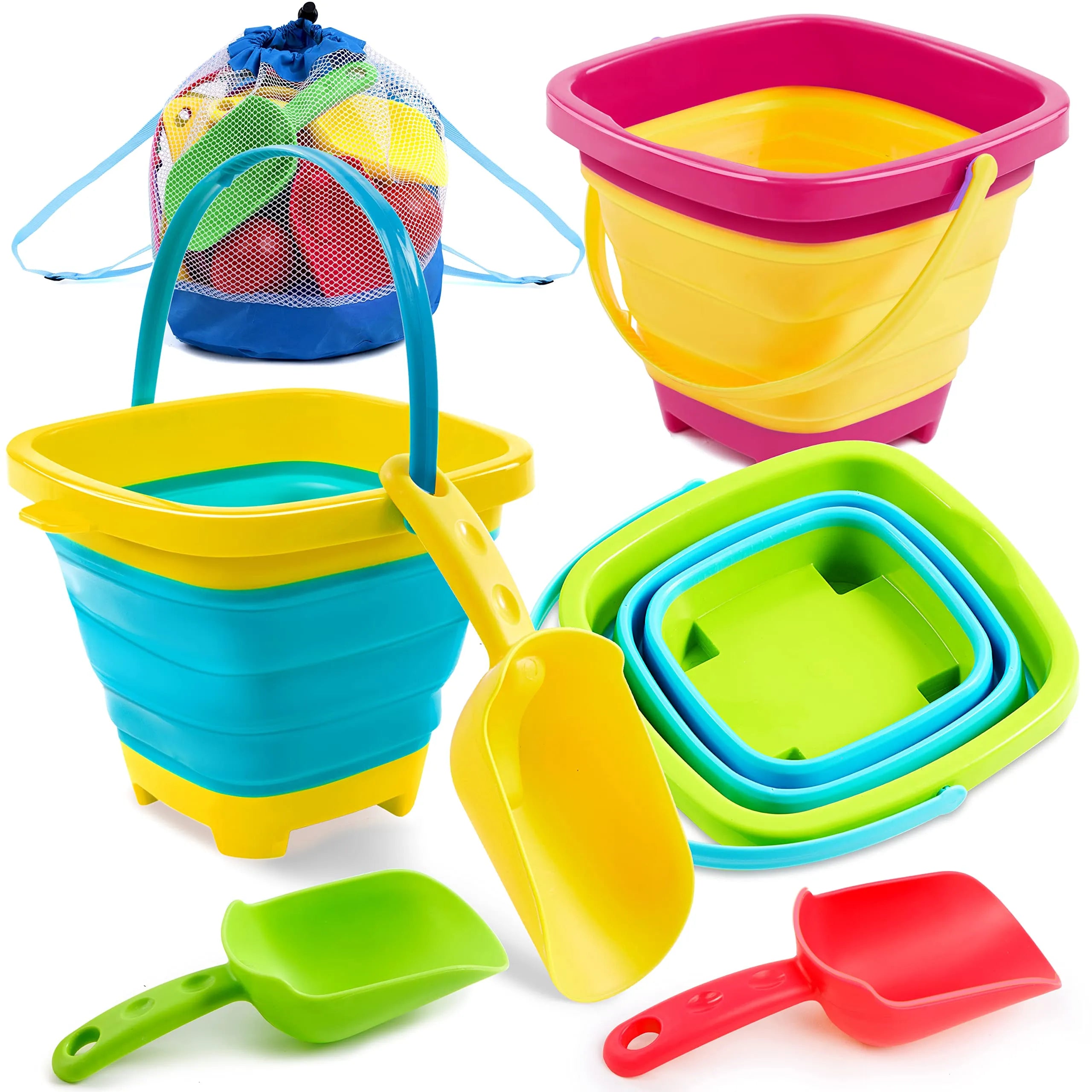 3 Packs Foldable Pail Bucket with Shovels (Bonus Mesh Bag)