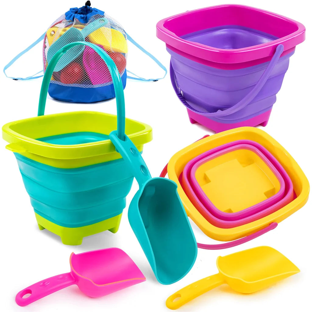 3 Packs Foldable Pail Bucket with Shovels (Bonus Mesh Bag)