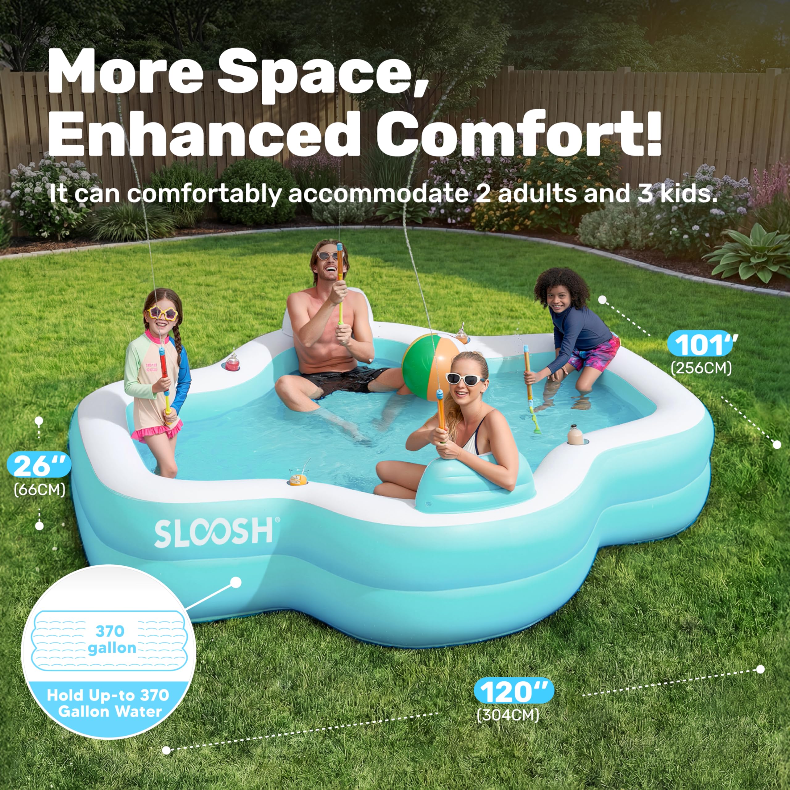 Inflatable Swimming Pool with Seats, 120" x 101" x 26"