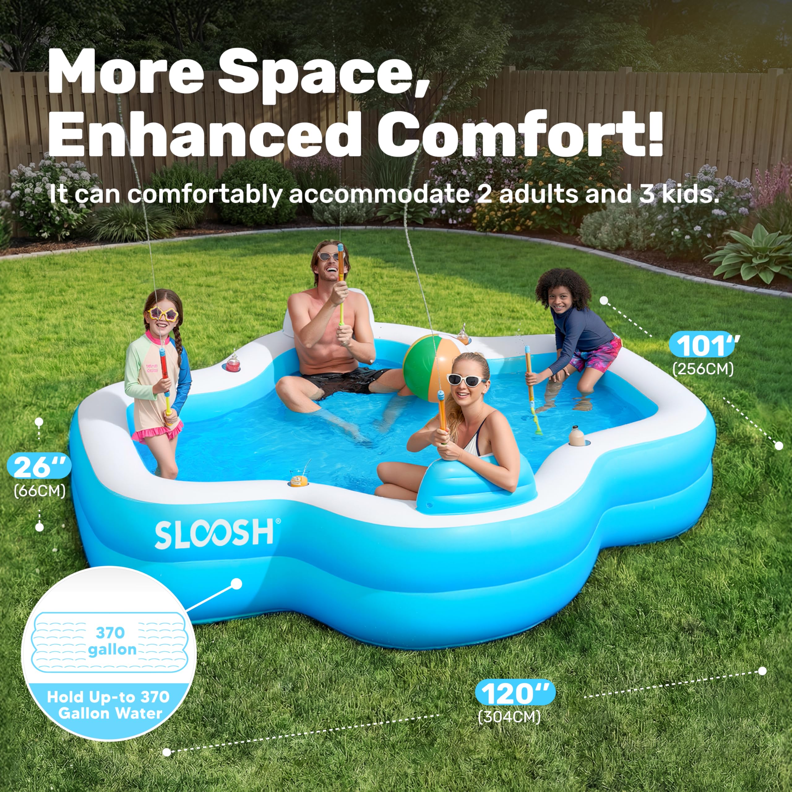 Inflatable Swimming Pool with Seats, 120" x 101" x 26"