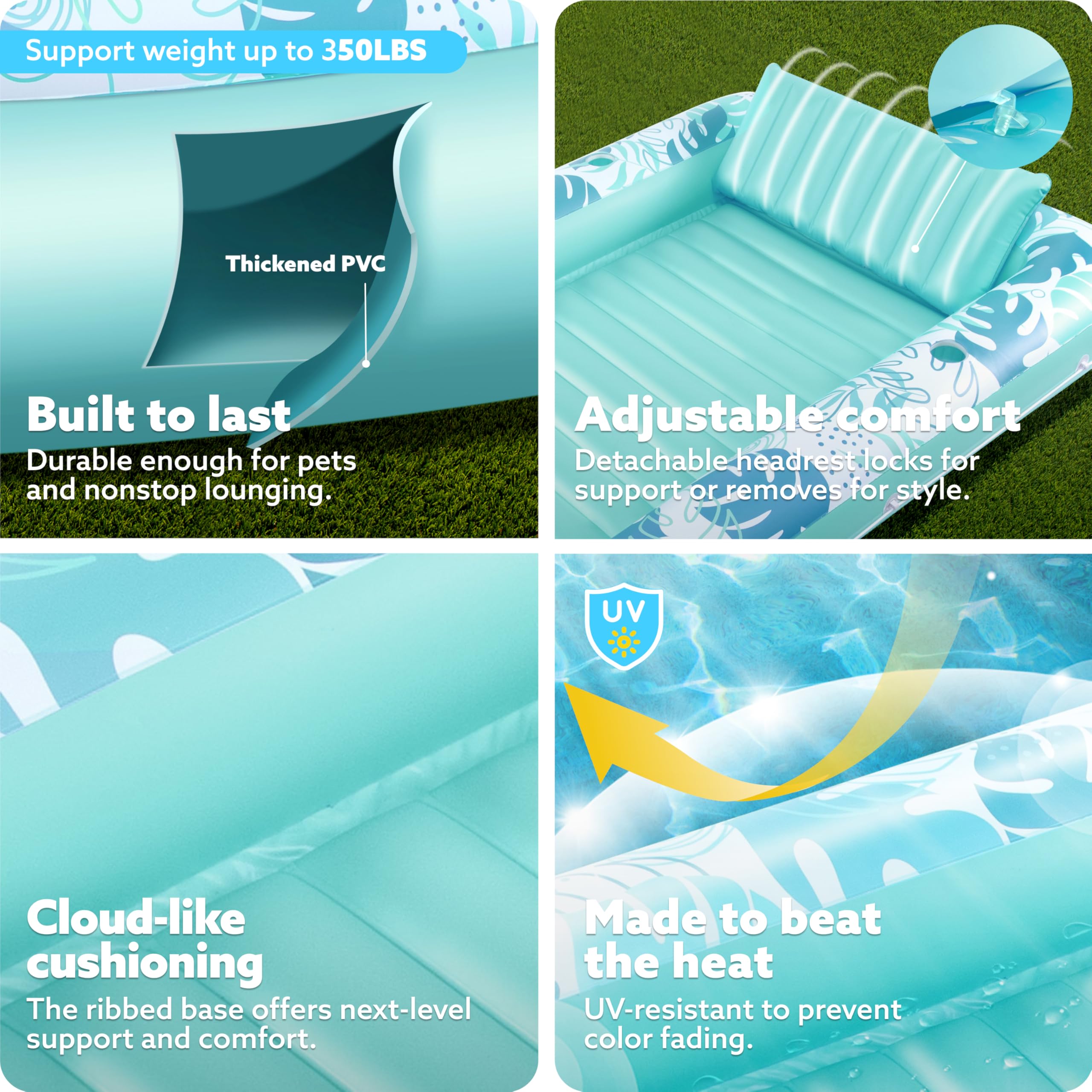 SLOOSH Inflatable Tanning Pool Lounger Float for Adults, Cyan White XL