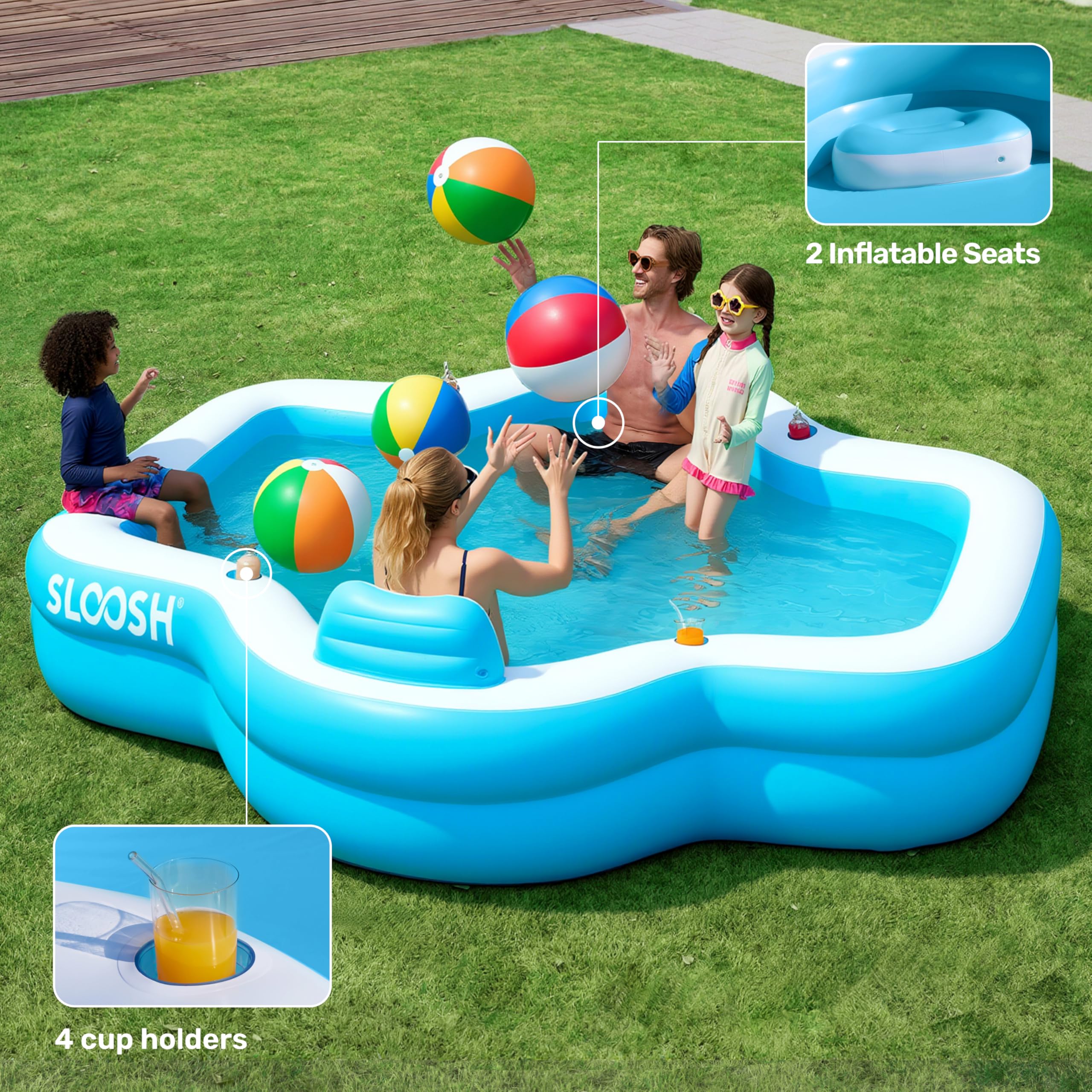 Inflatable Swimming Pool with Seats, 120" x 101" x 26"