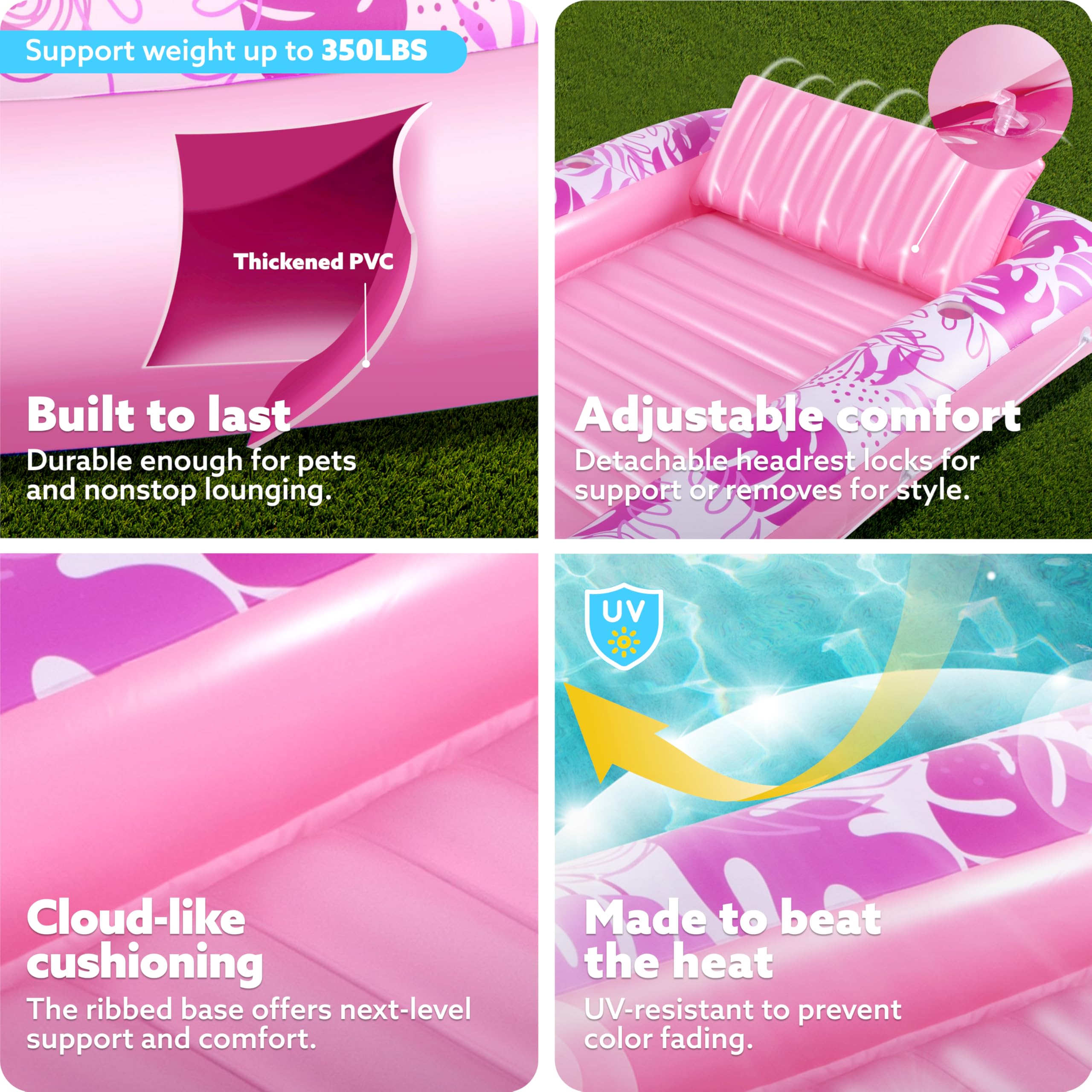 SLOOSH Inflatable Tanning Pool Lounger Float for Adults, Pink-XL
