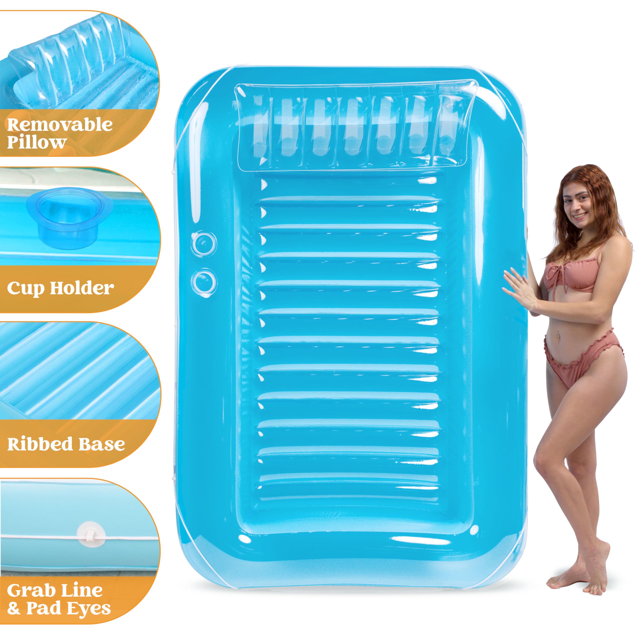 SLOOSH Inflatable Tanning Pool Lounger Float,  70" x 46", Blue-L