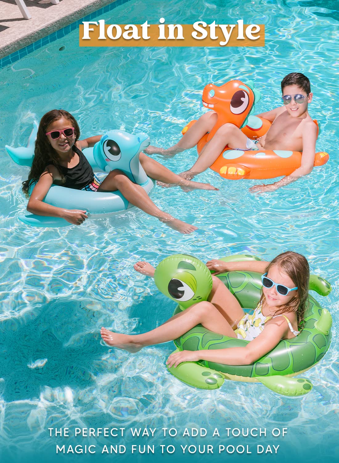 SLOOSH-3 Pcs Donuts with Glitters Pool Floats / Dinosaur & Sea Turtle & Dolphin Pool Rings