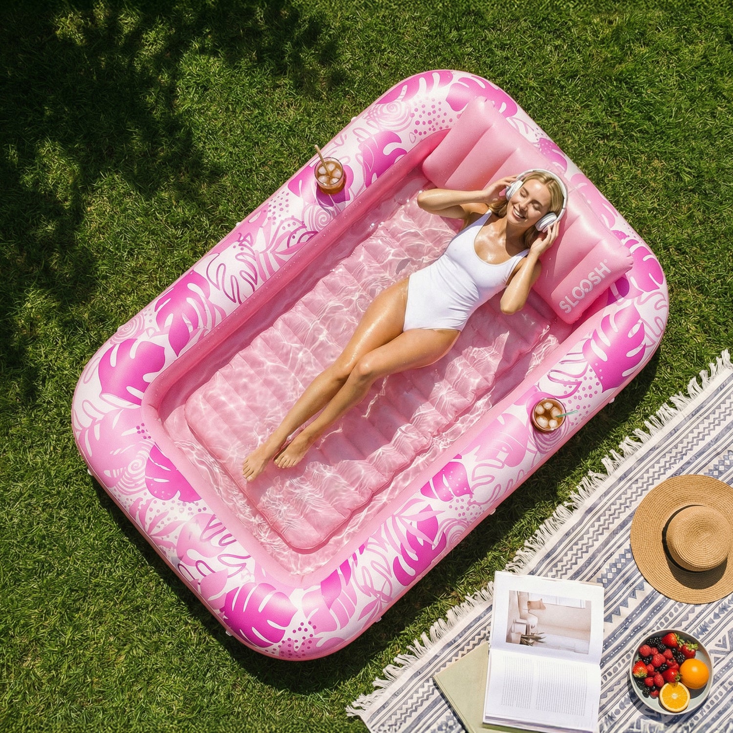 SLOOSH Inflatable Tanning Pool Lounger Float, Pink-XL, 85" x 57"