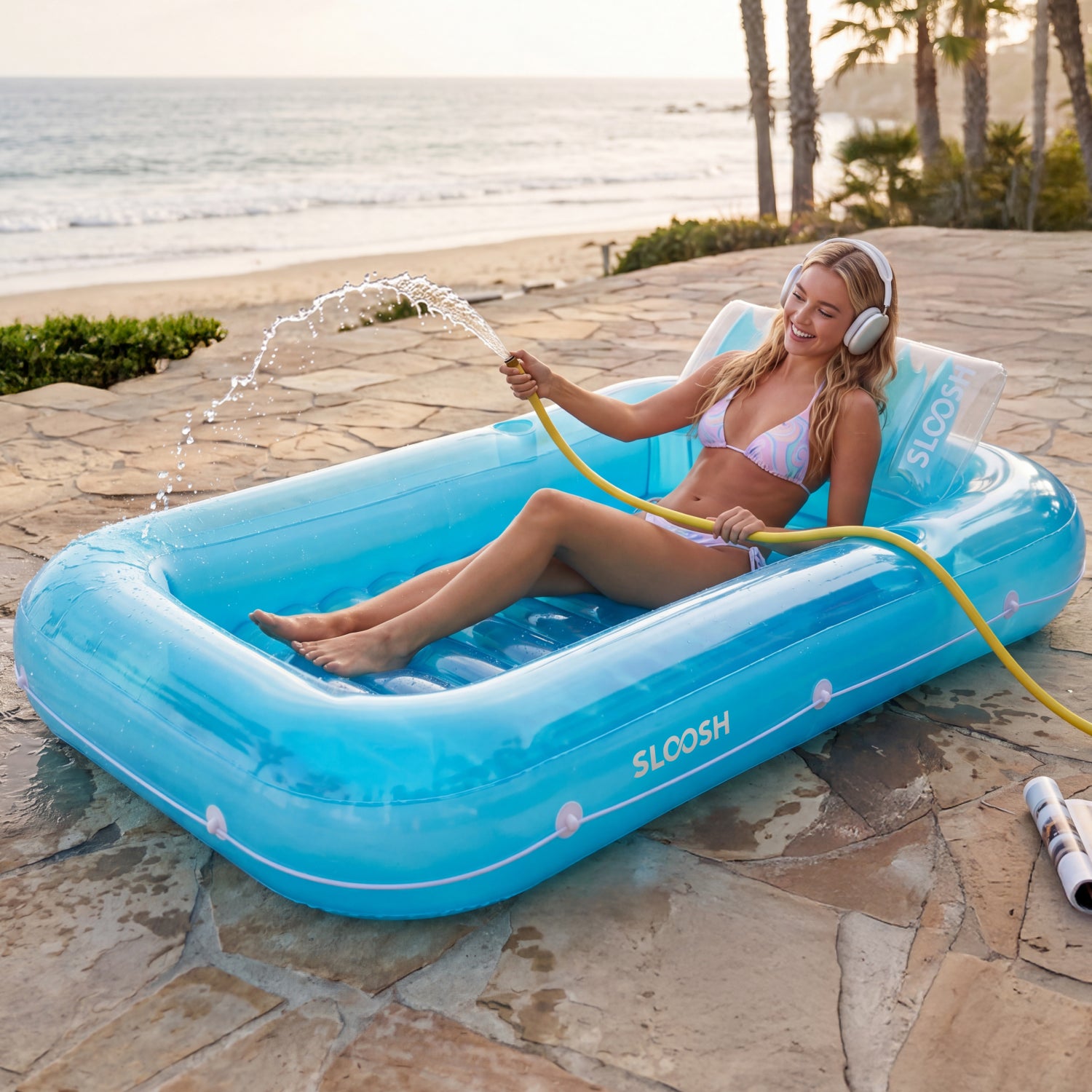 SLOOSH Inflatable Tanning Pool Lounger Float,  70" x 46", Blue-L