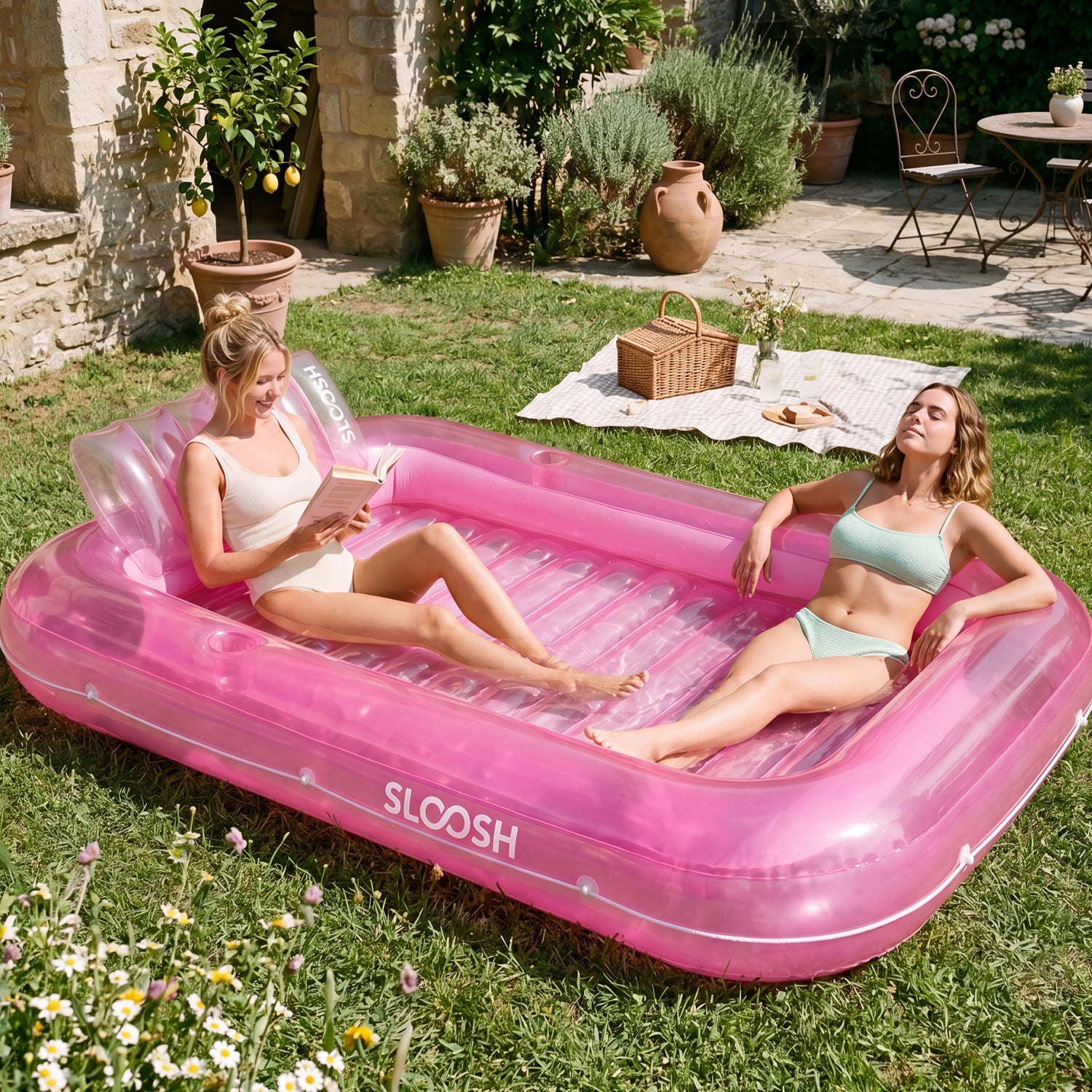 SLOOSH Inflatable Tanning Pool Lounger Float, 85" x 57", Pink-XL