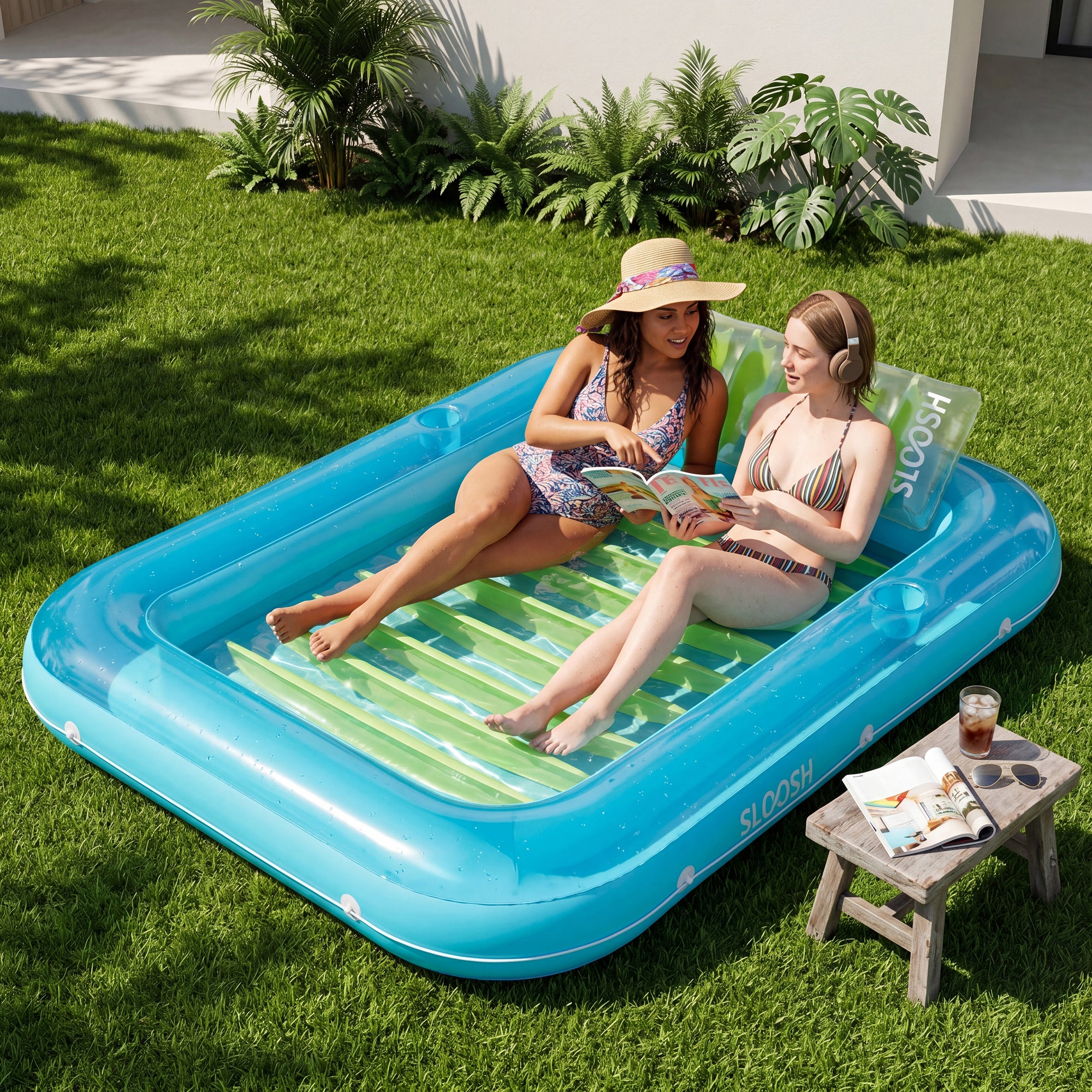 SLOOSH Inflatable Tanning Pool Lounger Float, 85" x 57", Blue Green-XL
