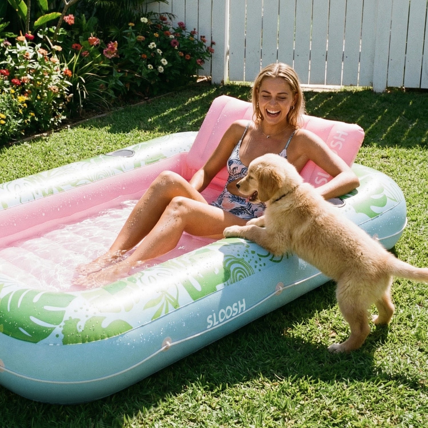 SLOOSH Inflatable Tanning Pool Lounger Float, Cyan Pink L, 70" x 46"