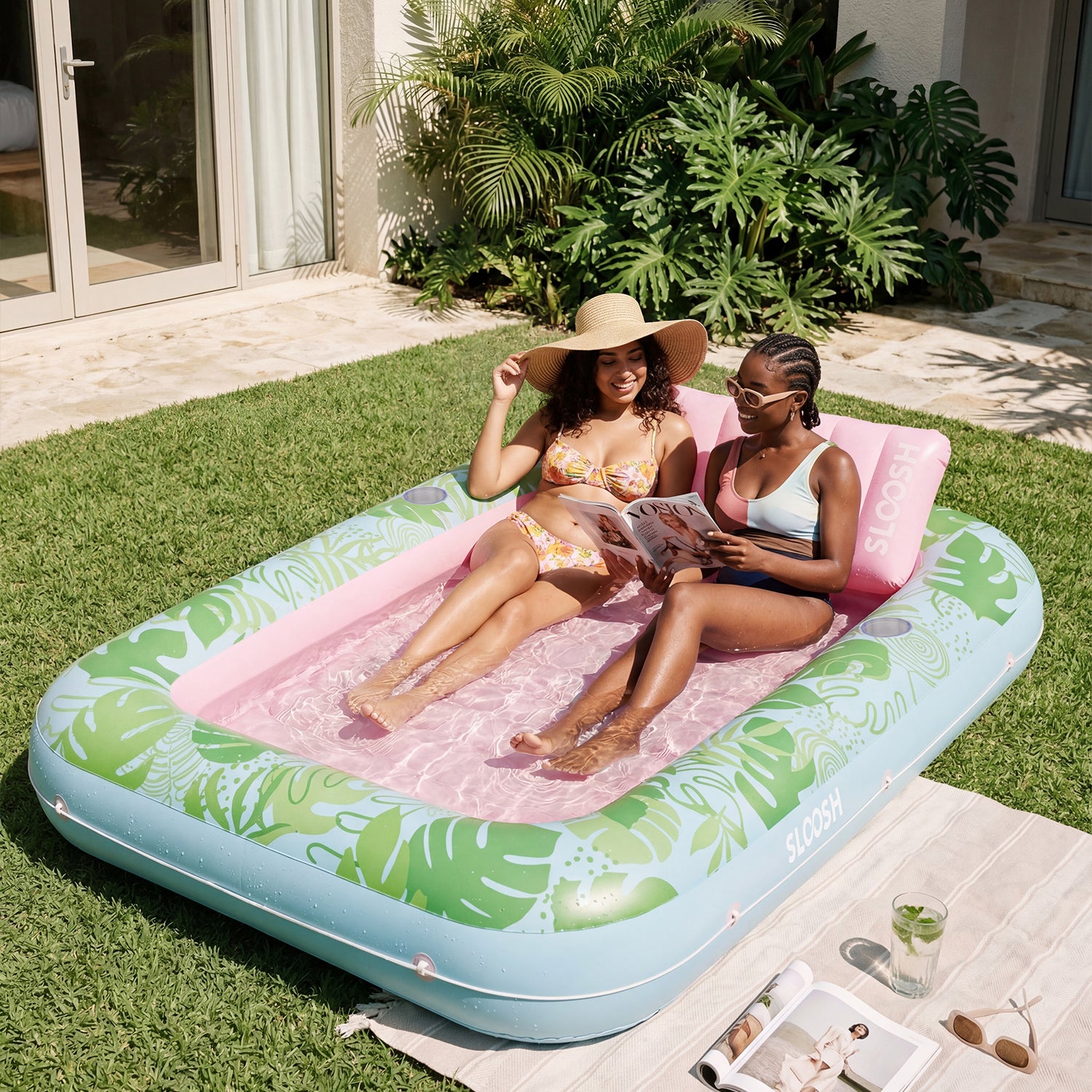 SLOOSH Inflatable Tanning Pool Lounger Float, Cyan Pink XL, 85" x 57"