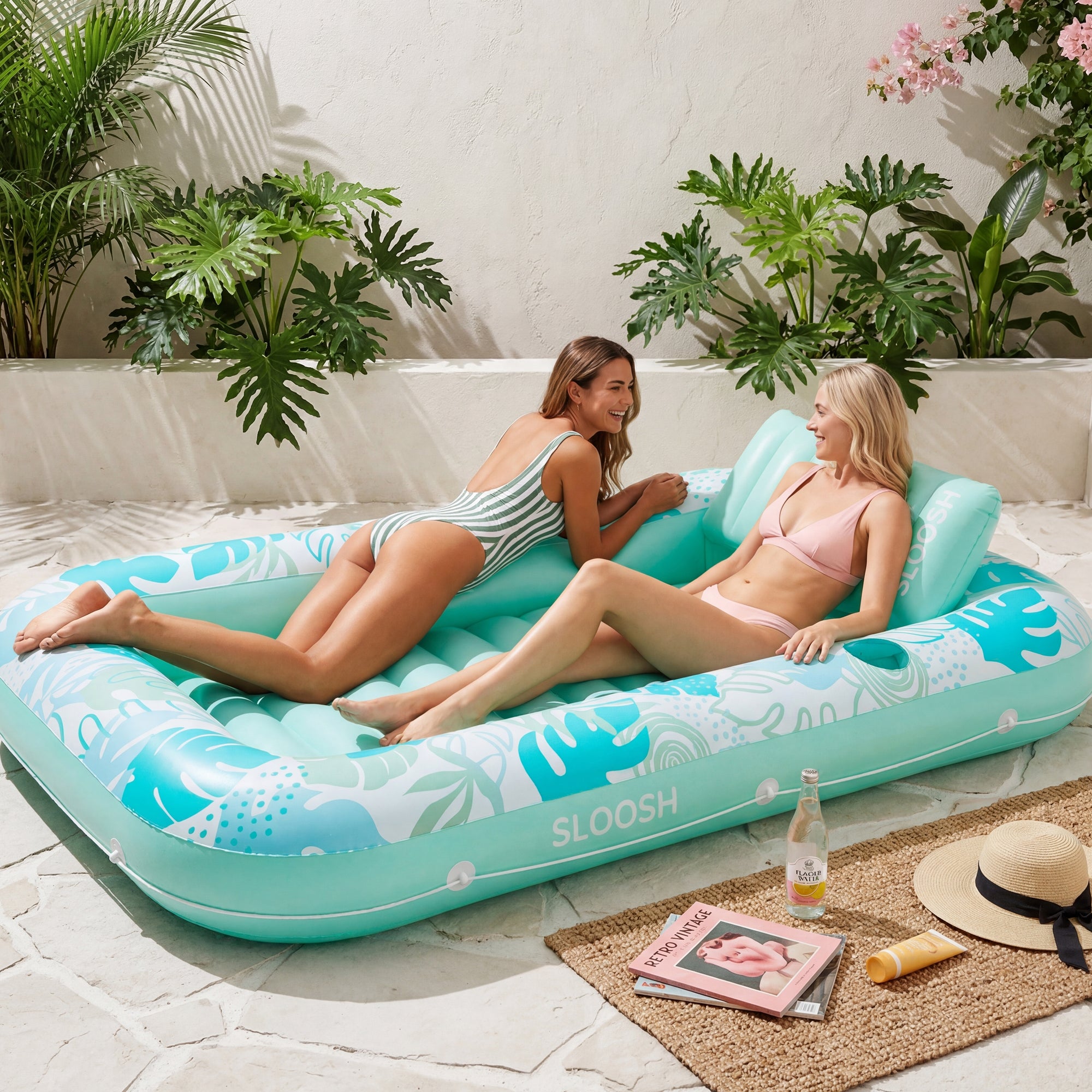 SLOOSH Inflatable Tanning Pool Lounger Float – XL 85"x57" for 2 Adults-Cyan White