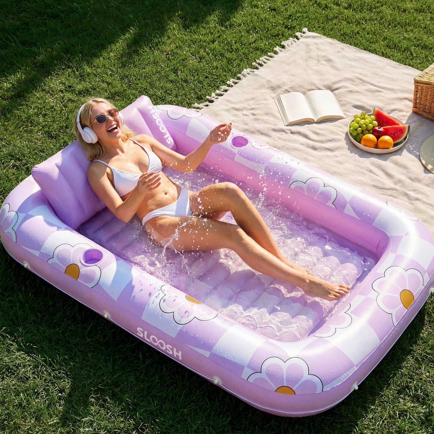 SLOOSH Inflatable Tanning Pool Lounger Float, Purple Chase Flower Bloom State, 70" x 46"
