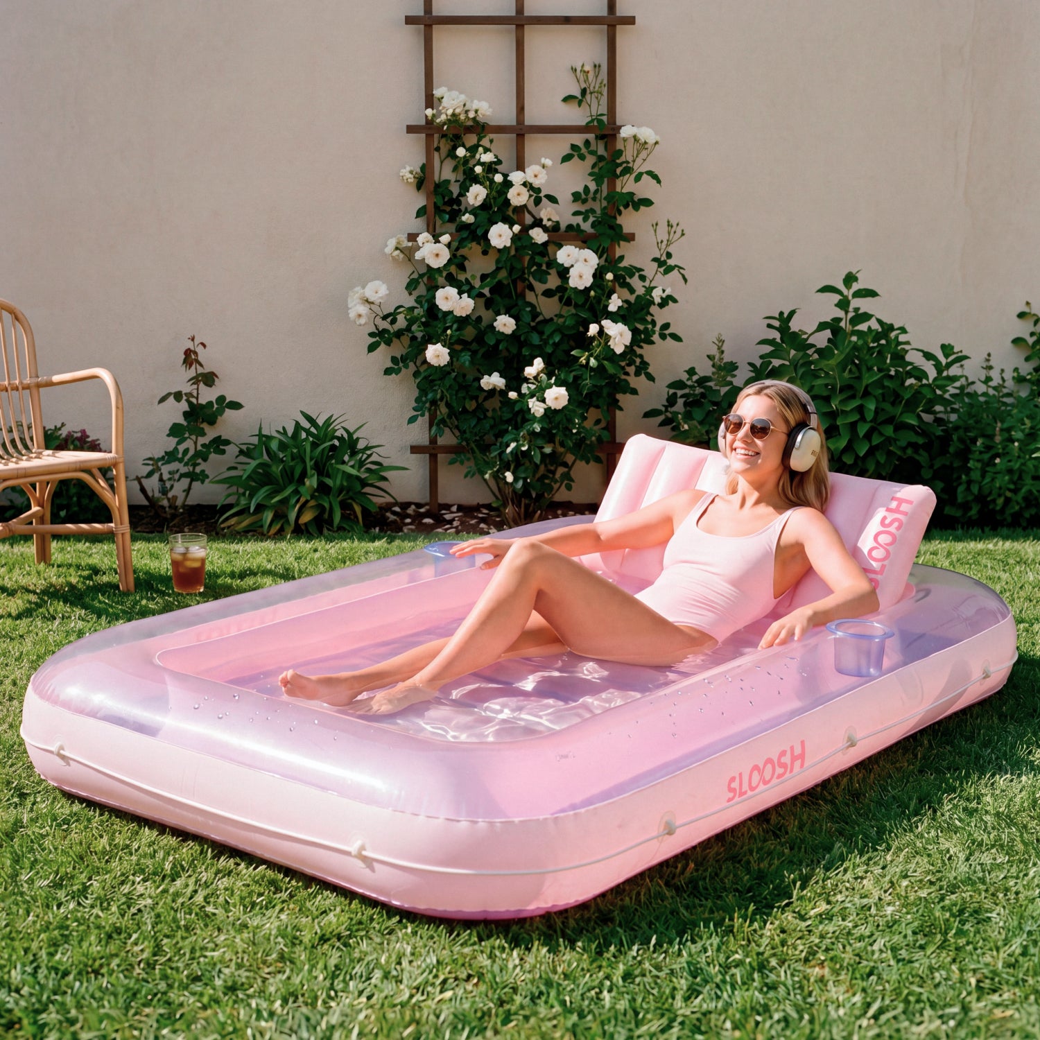 SLOOSH Inflatable Tanning Pool Lounger Float,  70" x 46", Purple Pink-L