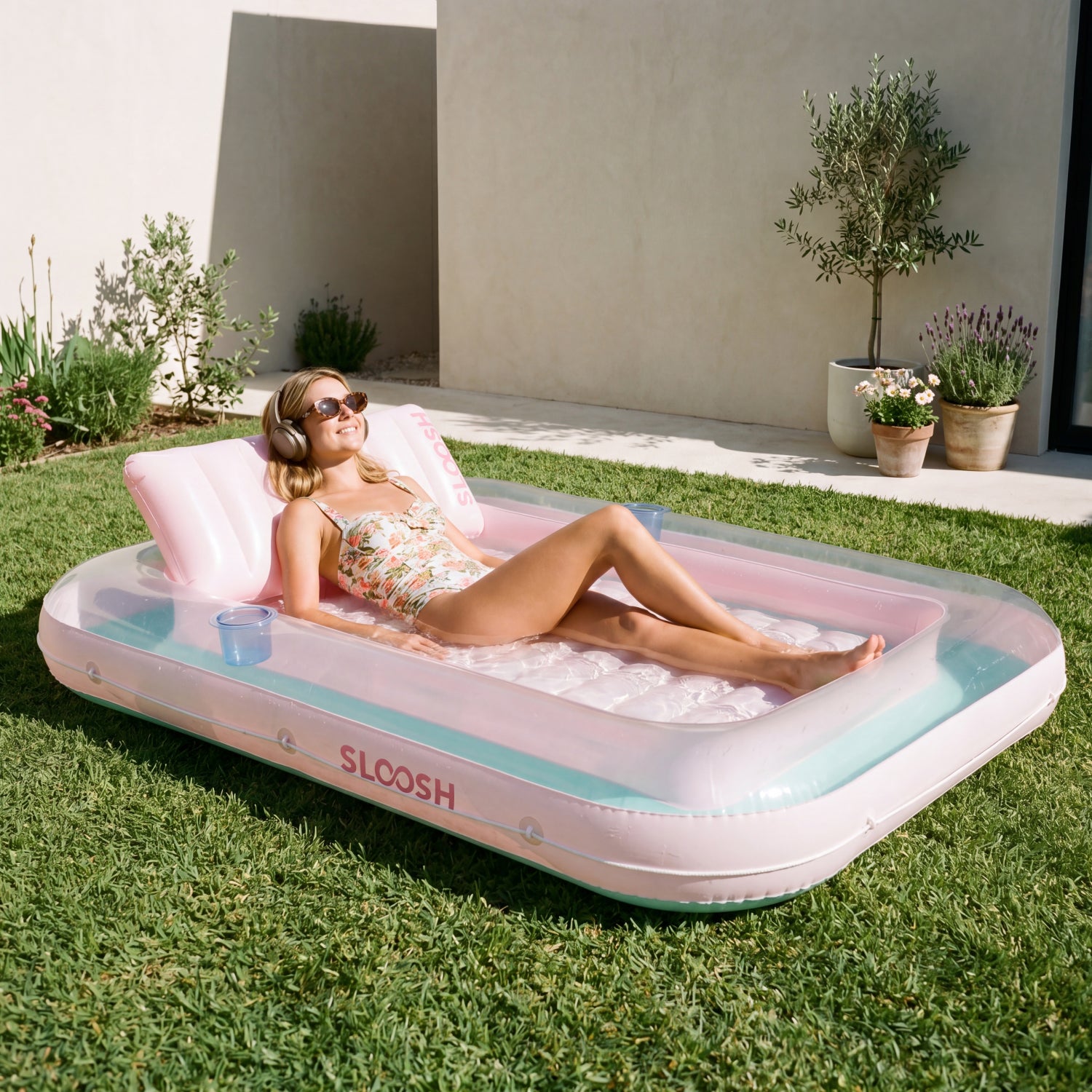 SLOOSH Inflatable Tanning Pool Lounger Float,  70" x 46", Cyan Pink-L