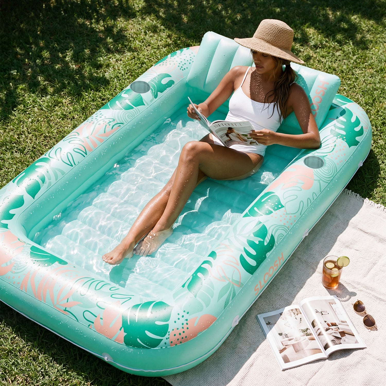 SLOOSH Inflatable Tanning Pool Lounger Float, Aqua Blue-L, 70" × 46"