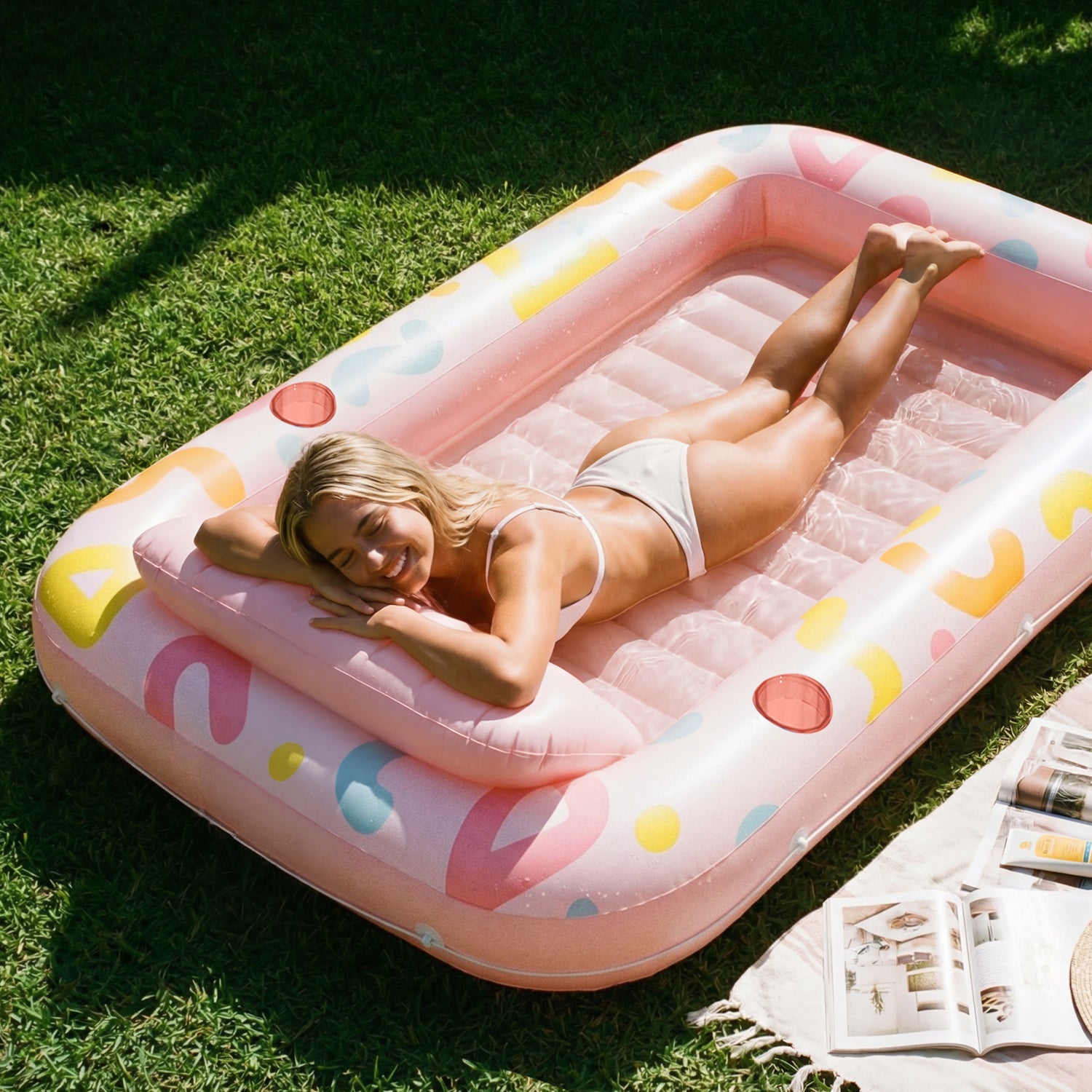 SLOOSH Inflatable Tanning Pool Lounger Float, Pink Doodle, 70" x 46"