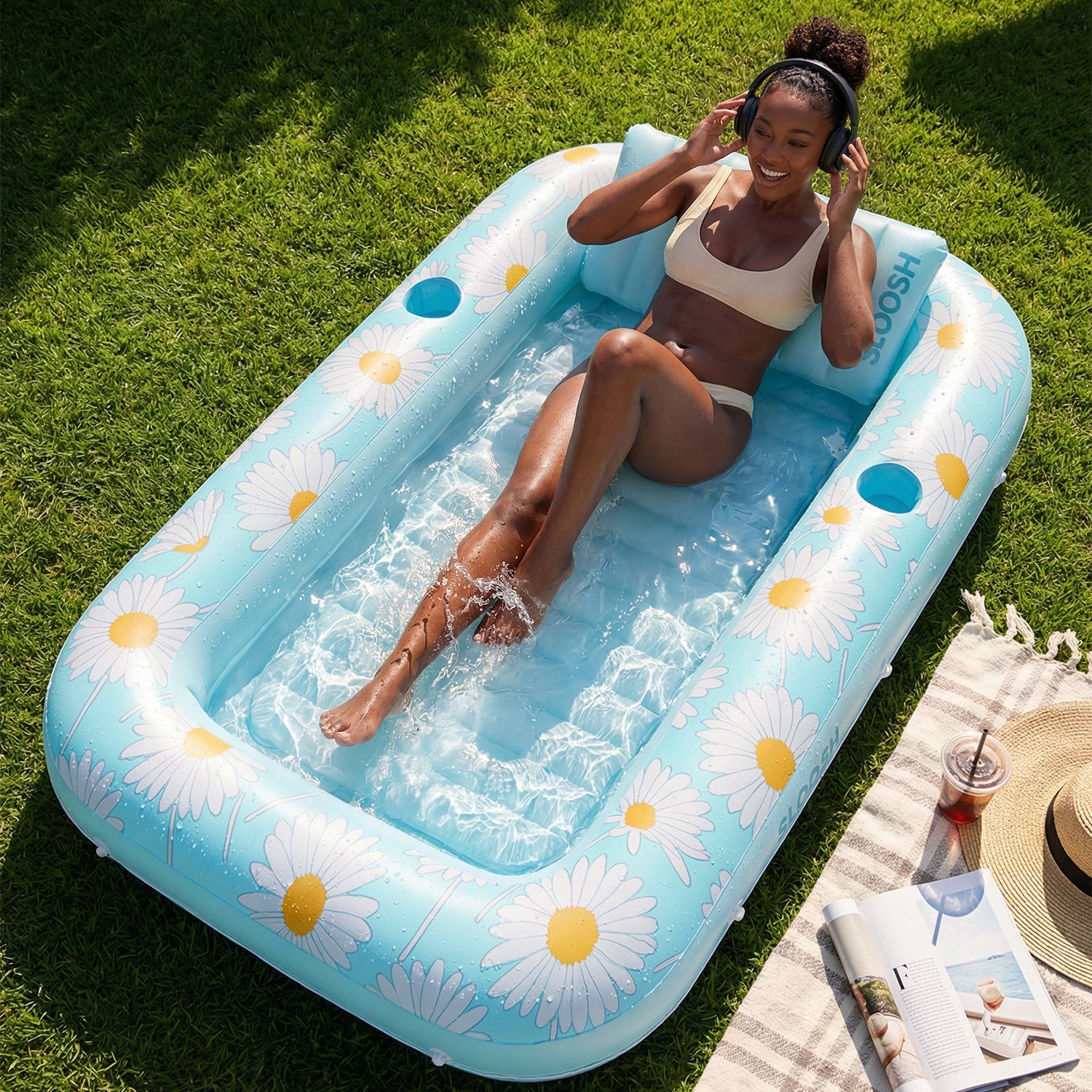 SLOOSH Inflatable Tanning Pool Lounger Float, Blue Daisy 70" x 46"