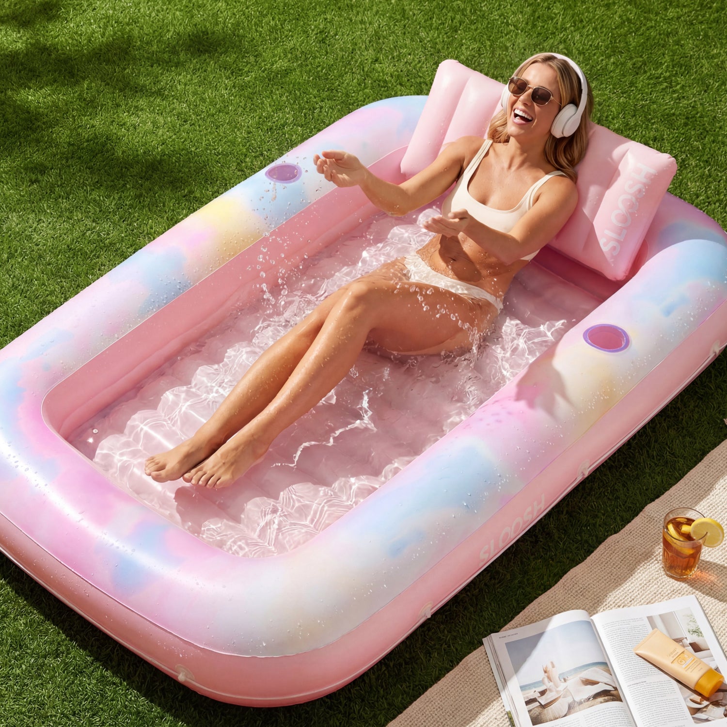 SLOOSH Inflatable Tanning Pool Lounger Float, Pink Tie-dye-Bliss State, 70" x 46"