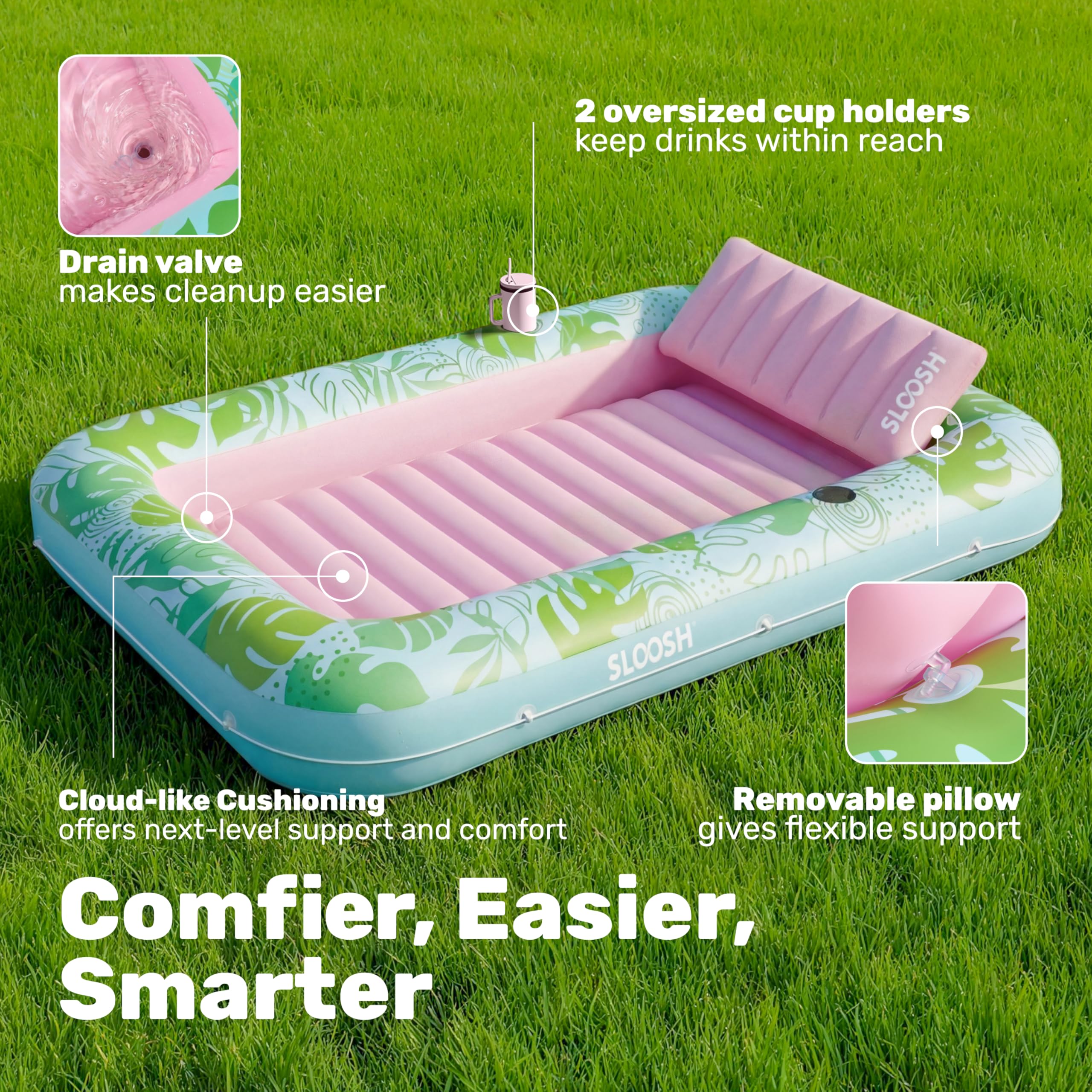 SLOOSH Inflatable Tanning Pool Lounger Float, 85" x 57" Cyan Pink XL