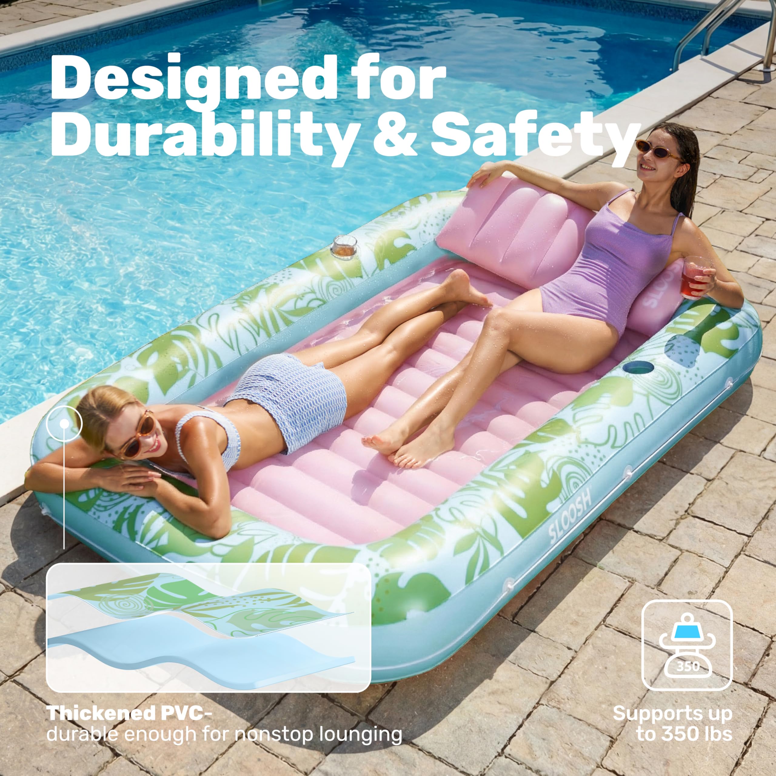 SLOOSH Inflatable Tanning Pool Lounger Float, 85" x 57" Cyan Pink XL