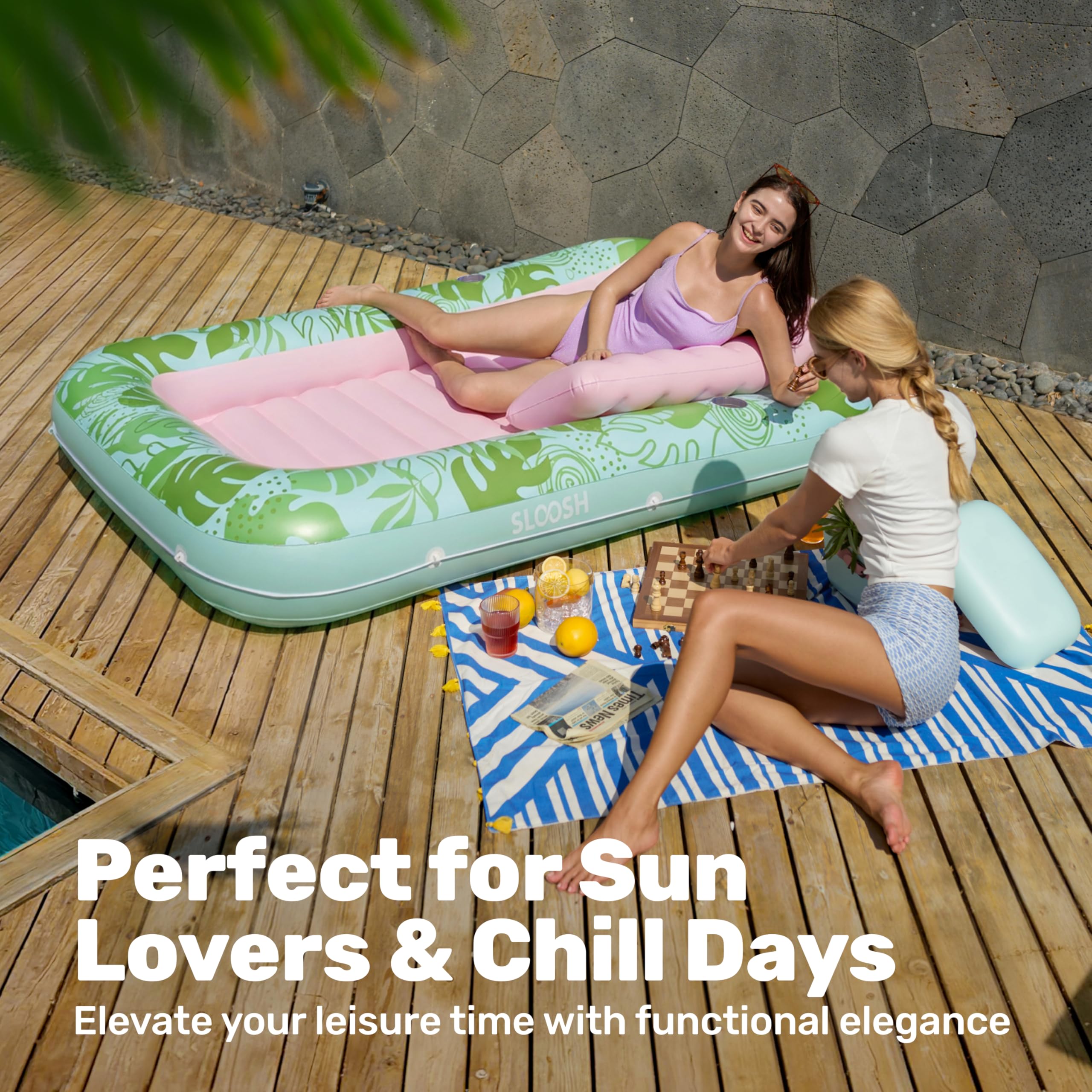 SLOOSH Inflatable Tanning Pool Lounger Float, 85" x 57" Cyan Pink XL