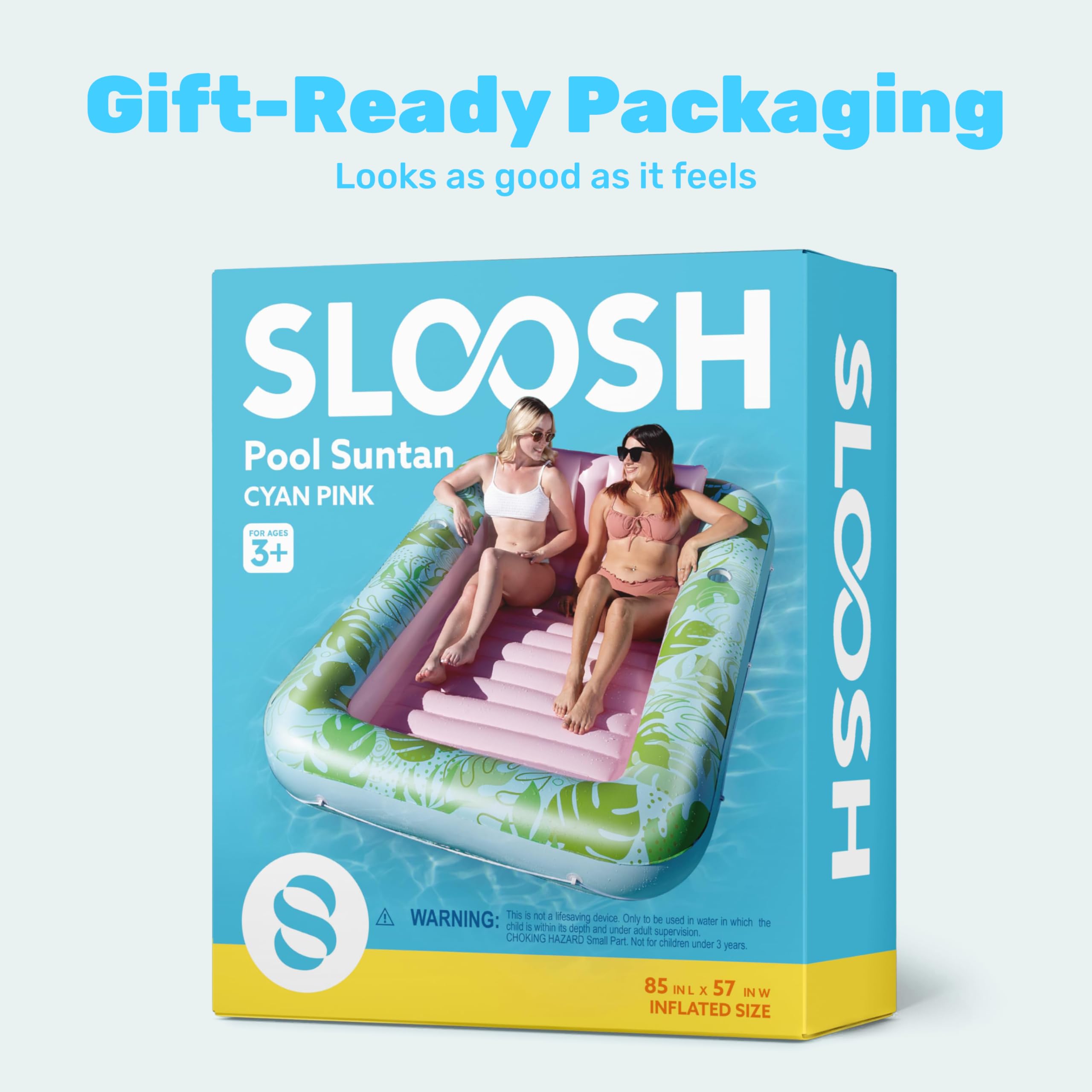 SLOOSH Inflatable Tanning Pool Lounger Float, 85" x 57" Cyan Pink XL