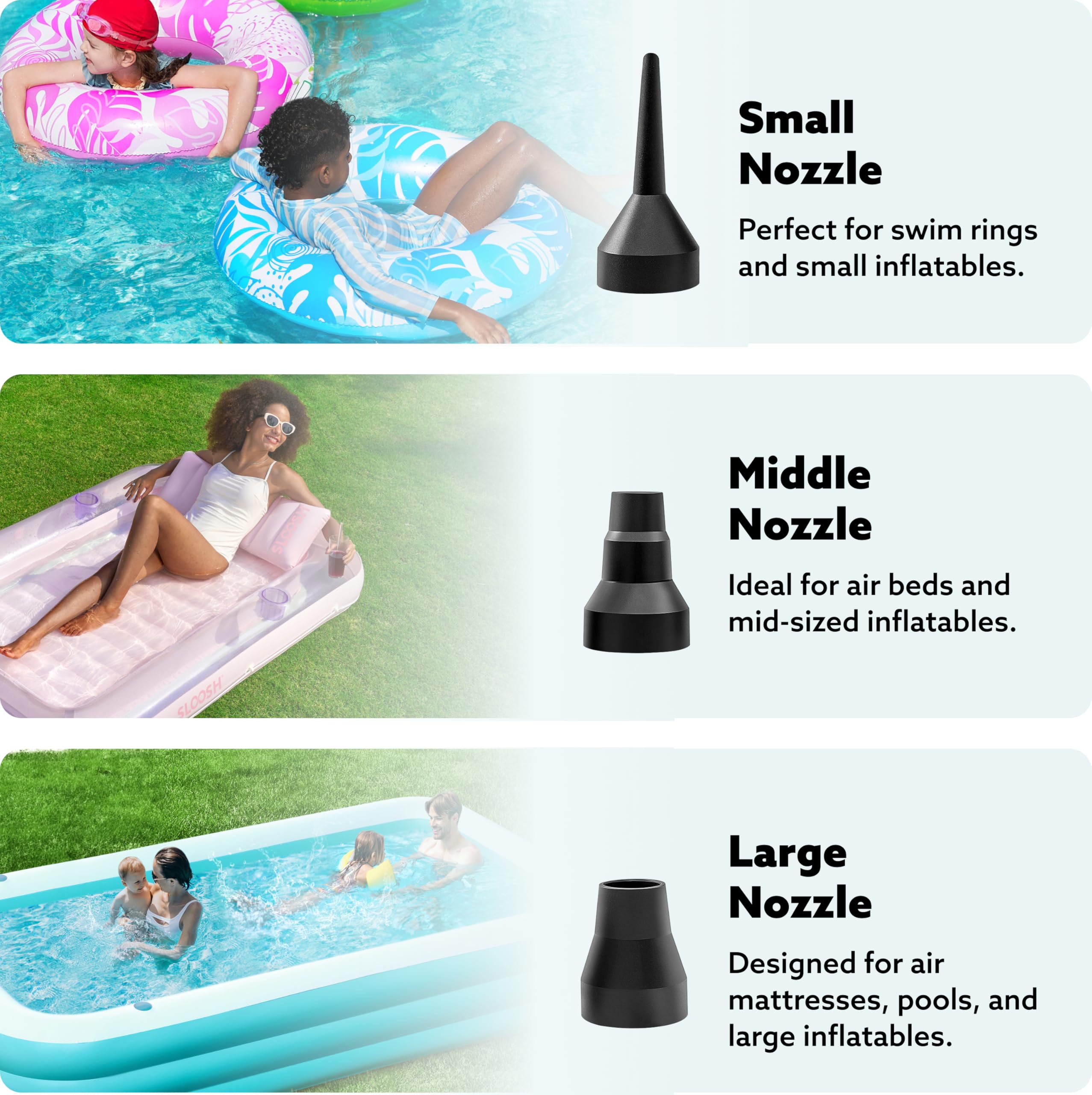 SLOOSH Electric Air Pump for Inflatables, Quick-Fill Inflator Deflator with 3 Nozzles, Portable Air Mattress Pump for Beds, Pool Floats, Swimming Rings,Outdoor Camping Inflatable, AC/DC Adaptors