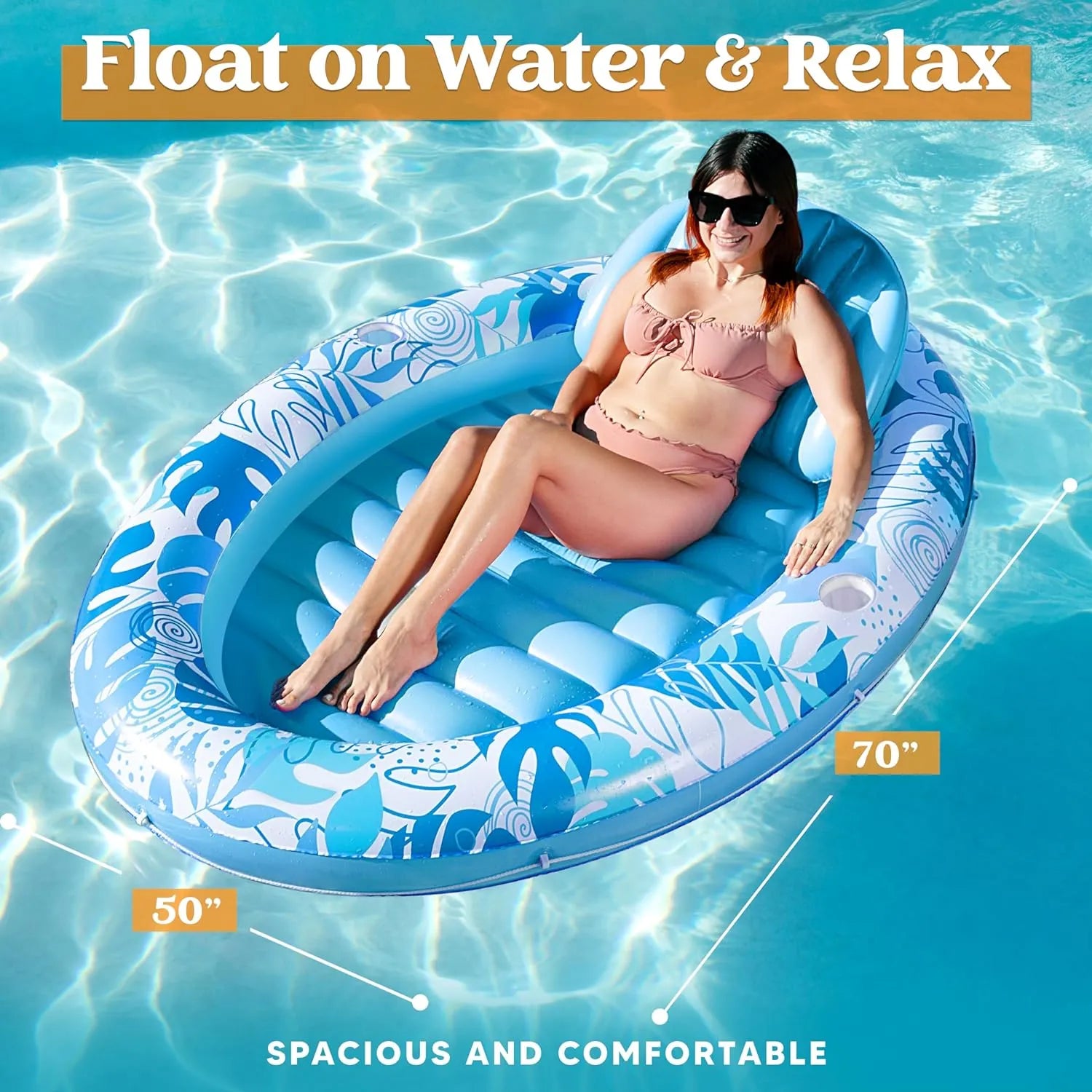 Inflatable Pool Float Lounge Oval Suntan Tub Floatie for Adults, Blue