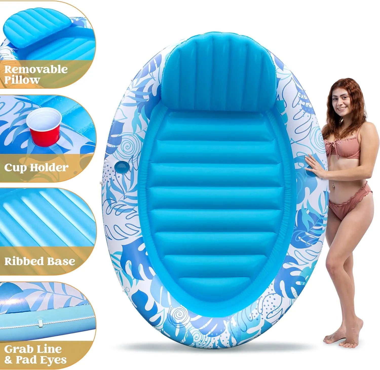 Inflatable Pool Float Lounge Oval Suntan Tub Floatie for Adults, Blue