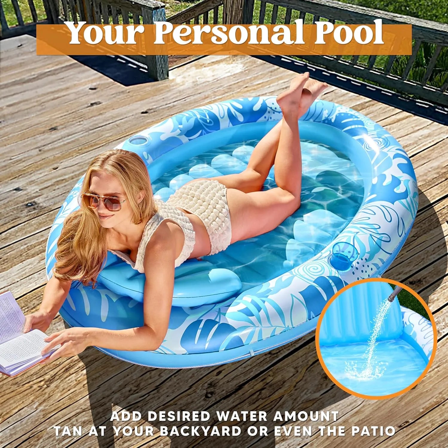 Inflatable Pool Float Lounge Oval Suntan Tub Floatie for Adults, Blue