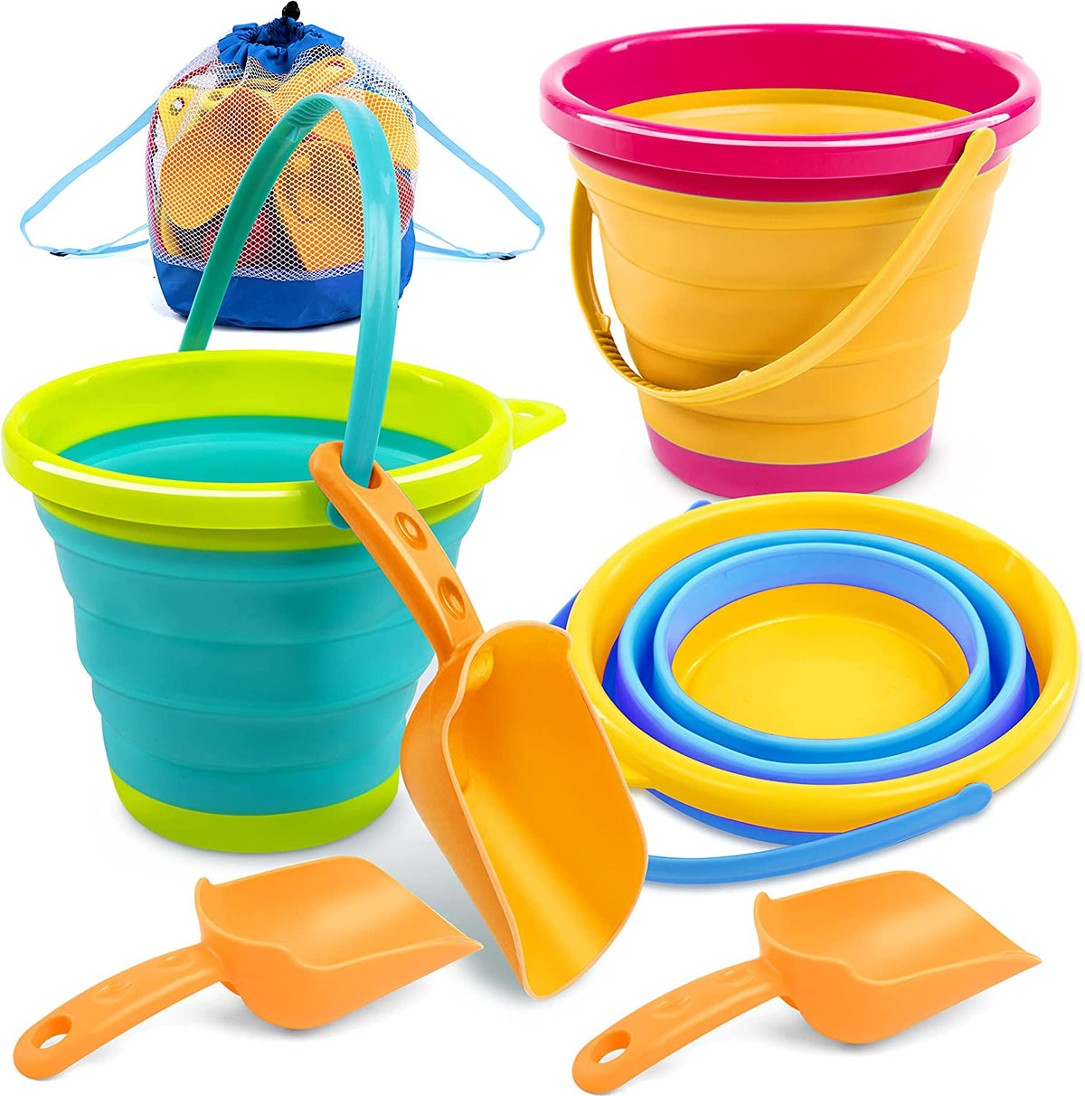 3 Packs Foldable Pail Bucket with Shovels (Bonus Mesh Bag)