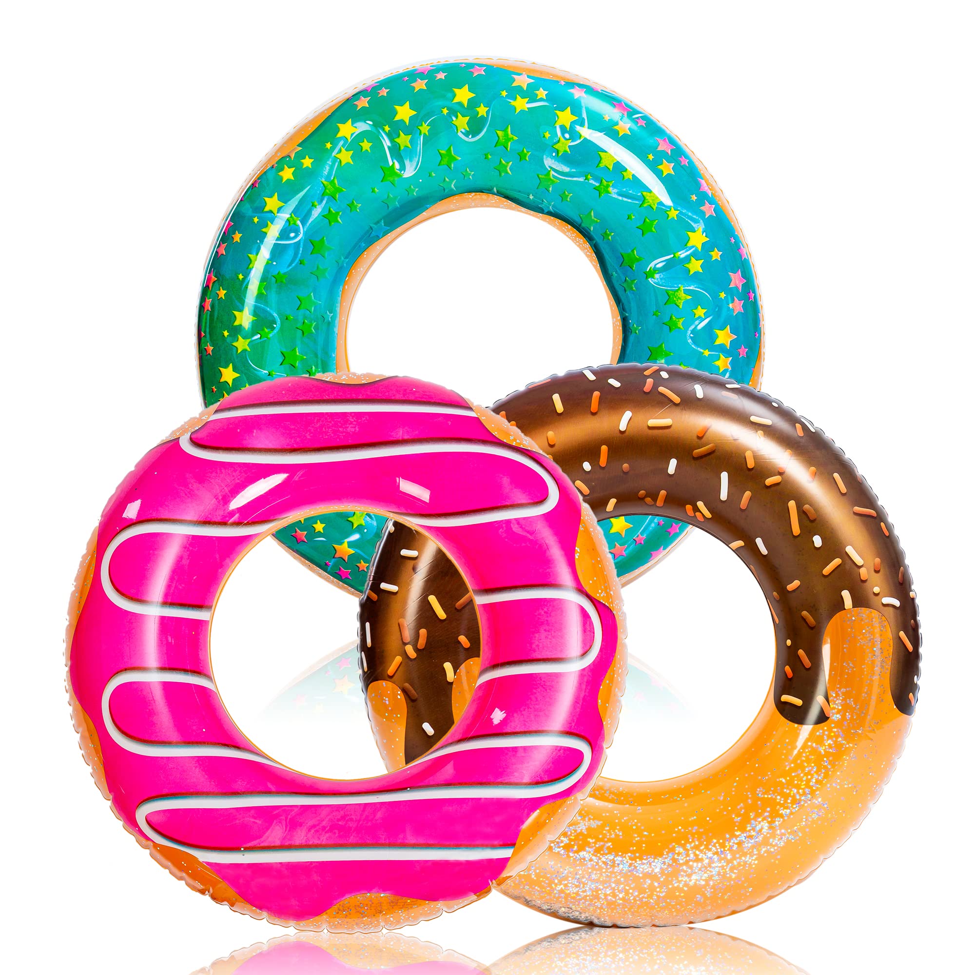 SLOOSH-3 Pcs Donuts with Glitters Pool Floats / Dinosaur & Sea Turtle & Dolphin Pool Rings