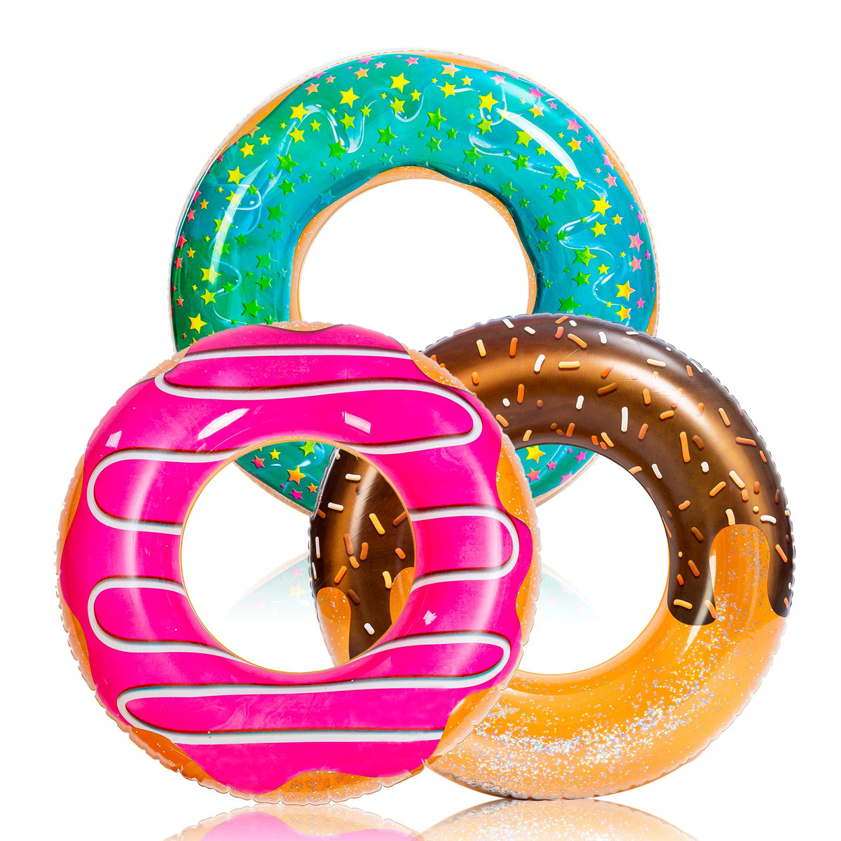 SLOOSH-3 Pcs Donuts with Glitters Pool Floats / Dinosaur & Sea Turtle & Dolphin Pool Rings